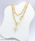 Pre‑Stacked Dual‑Layer Mixed Oval & Twisted Link Pave‑Crystal Cross Pearl‑Accent Stainless Steel Necklace | Factory Direct Wholesale