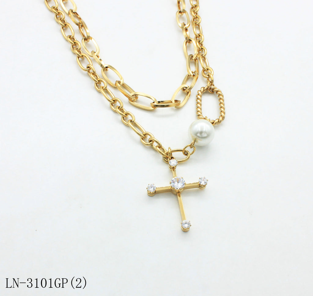Pre‑Stacked Dual‑Layer Mixed Oval & Twisted Link Pave‑Crystal Cross Pearl‑Accent Stainless Steel Necklace | Factory Direct Wholesale