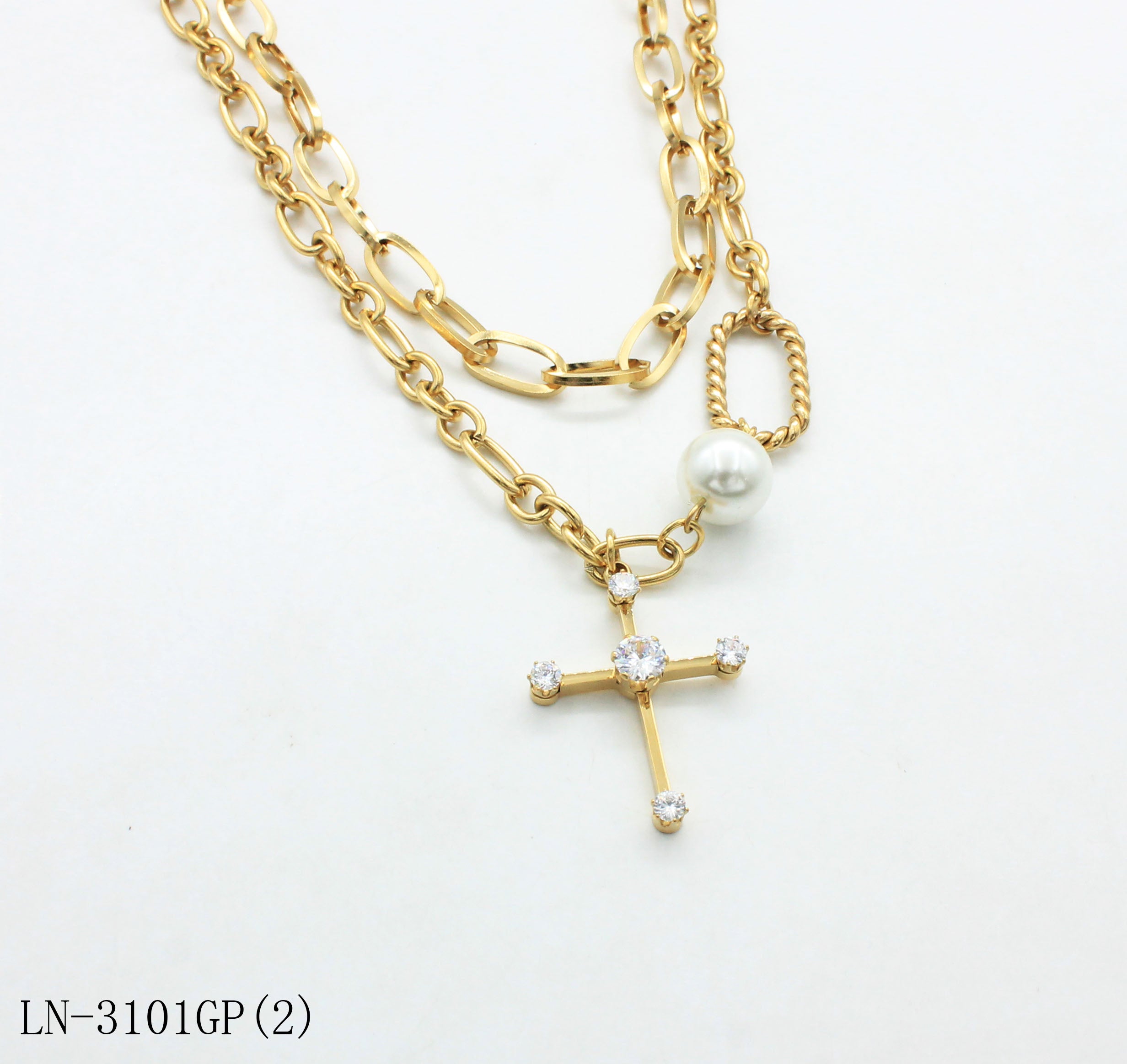 Pre‑Stacked Dual‑Layer Mixed Oval & Twisted Link Pave‑Crystal Cross Pearl‑Accent Stainless Steel Necklace | Factory Direct Wholesale