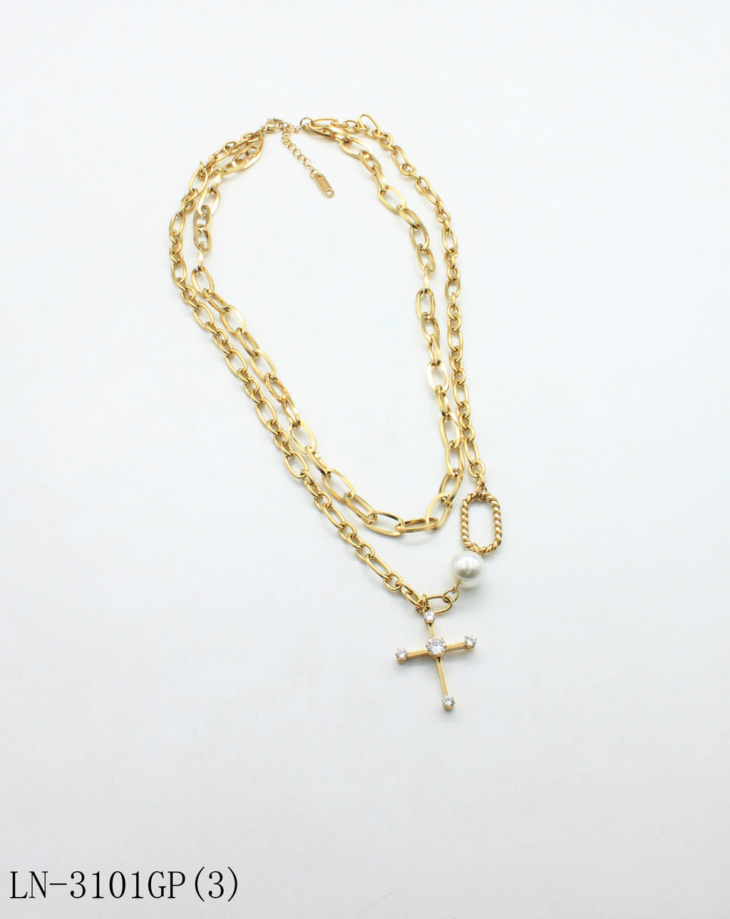 Pre‑Stacked Dual‑Layer Mixed Oval & Twisted Link Pave‑Crystal Cross Pearl‑Accent Stainless Steel Necklace | Factory Direct Wholesale