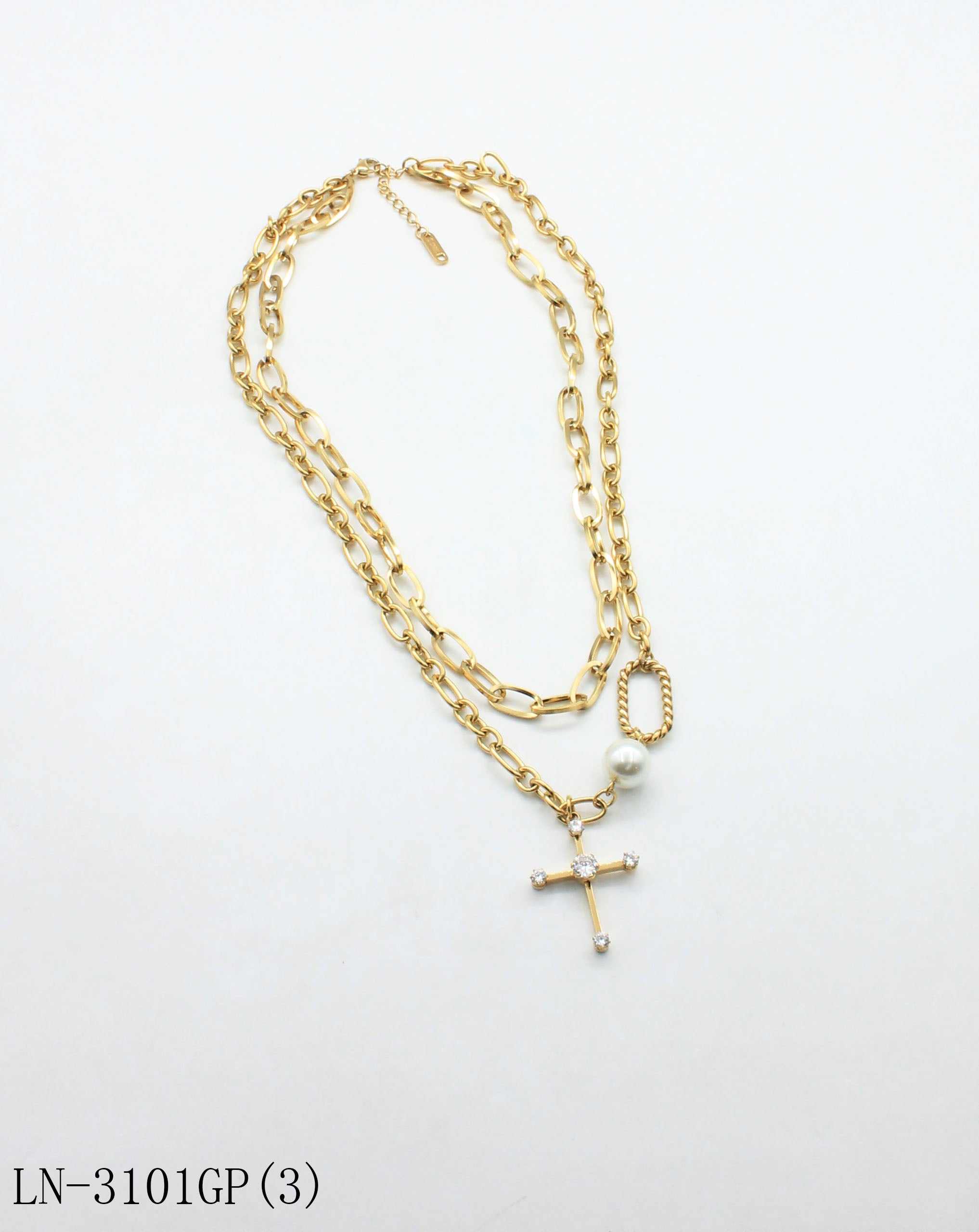 Pre‑Stacked Dual‑Layer Mixed Oval & Twisted Link Pave‑Crystal Cross Pearl‑Accent Stainless Steel Necklace | Factory Direct Wholesale