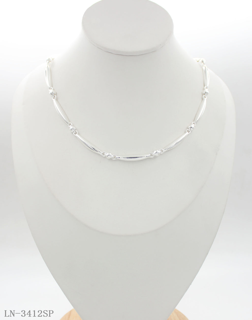 Polished Oval Bar Round Bead Linked Clavicle Necklace | Copper Zinc Iron Base Imitation Silver Plated Minimalist Geometric Link Women Layering Chain Factory Wholesale