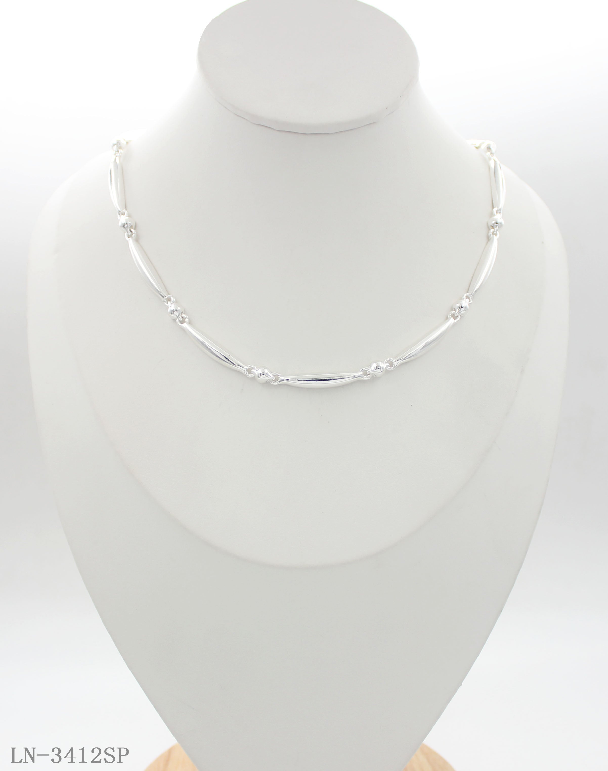Polished Oval Bar Round Bead Linked Clavicle Necklace | Copper Zinc Iron Base Imitation Silver Plated Minimalist Geometric Link Women Layering Chain Factory Wholesale