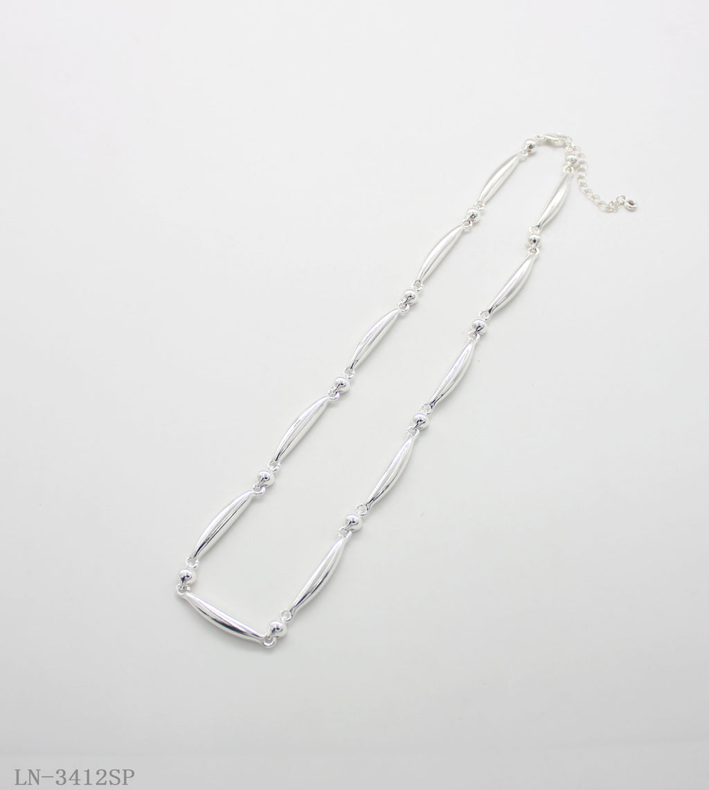 Polished Oval Bar Round Bead Linked Clavicle Necklace | Copper Zinc Iron Base Imitation Silver Plated Minimalist Geometric Link Women Layering Chain Factory Wholesale