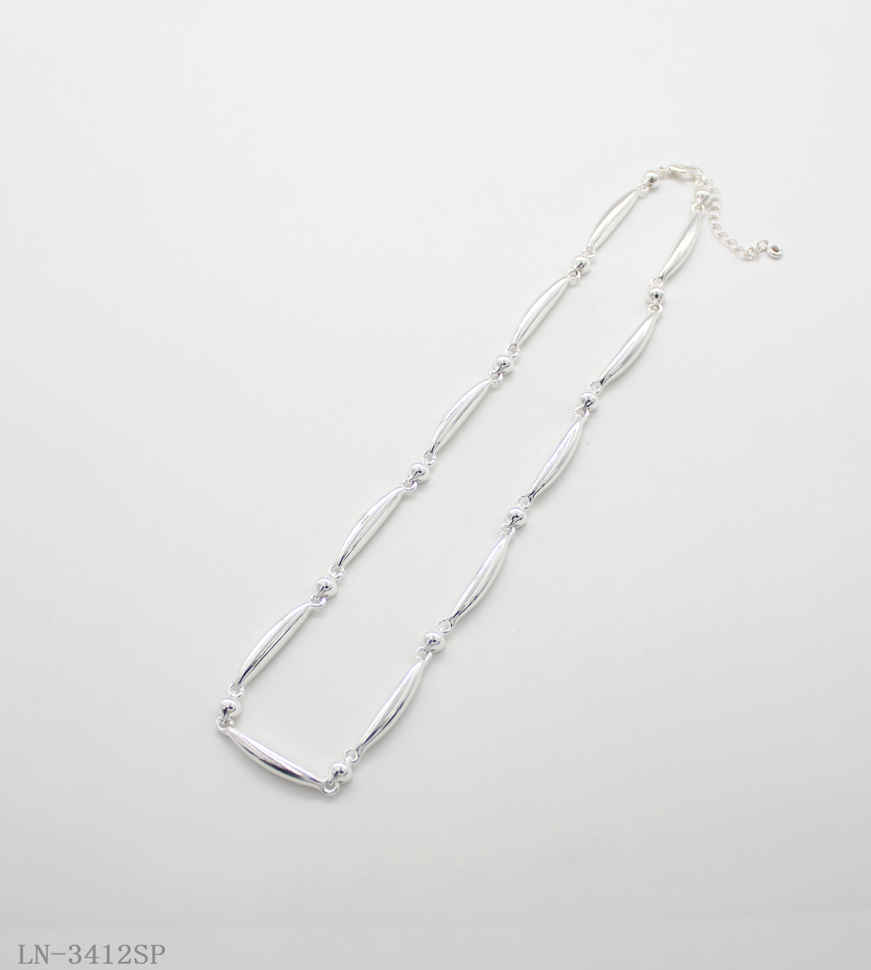 Polished Oval Bar Round Bead Linked Clavicle Necklace | Copper Zinc Iron Base Imitation Silver Plated Minimalist Geometric Link Women Layering Chain Factory Wholesale