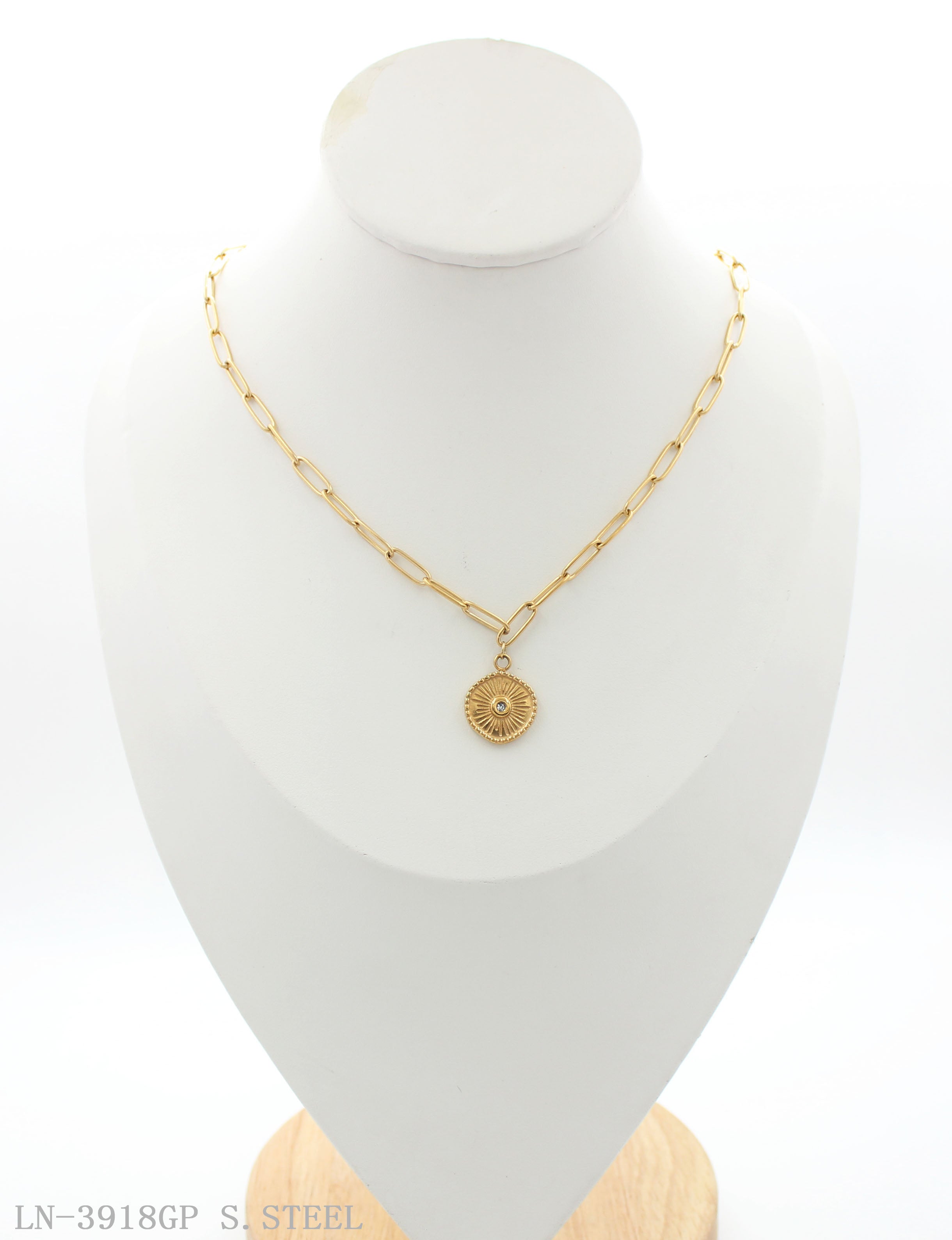 Minimal Single‑Strand Thin Paperclip Chain Rope‑Edged Sunburst Crystal‑Accent Medallion Stainless Steel Necklace | Factory Direct Wholesale