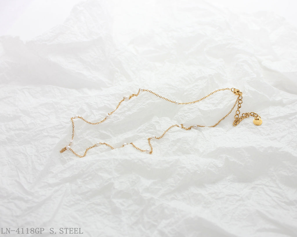 Evenly‑Spaced Tiny Station Pearl Thin O‑Link Vacuum Gold Plated Stainless Steel Everyday Necklace | Factory Direct Wholesale