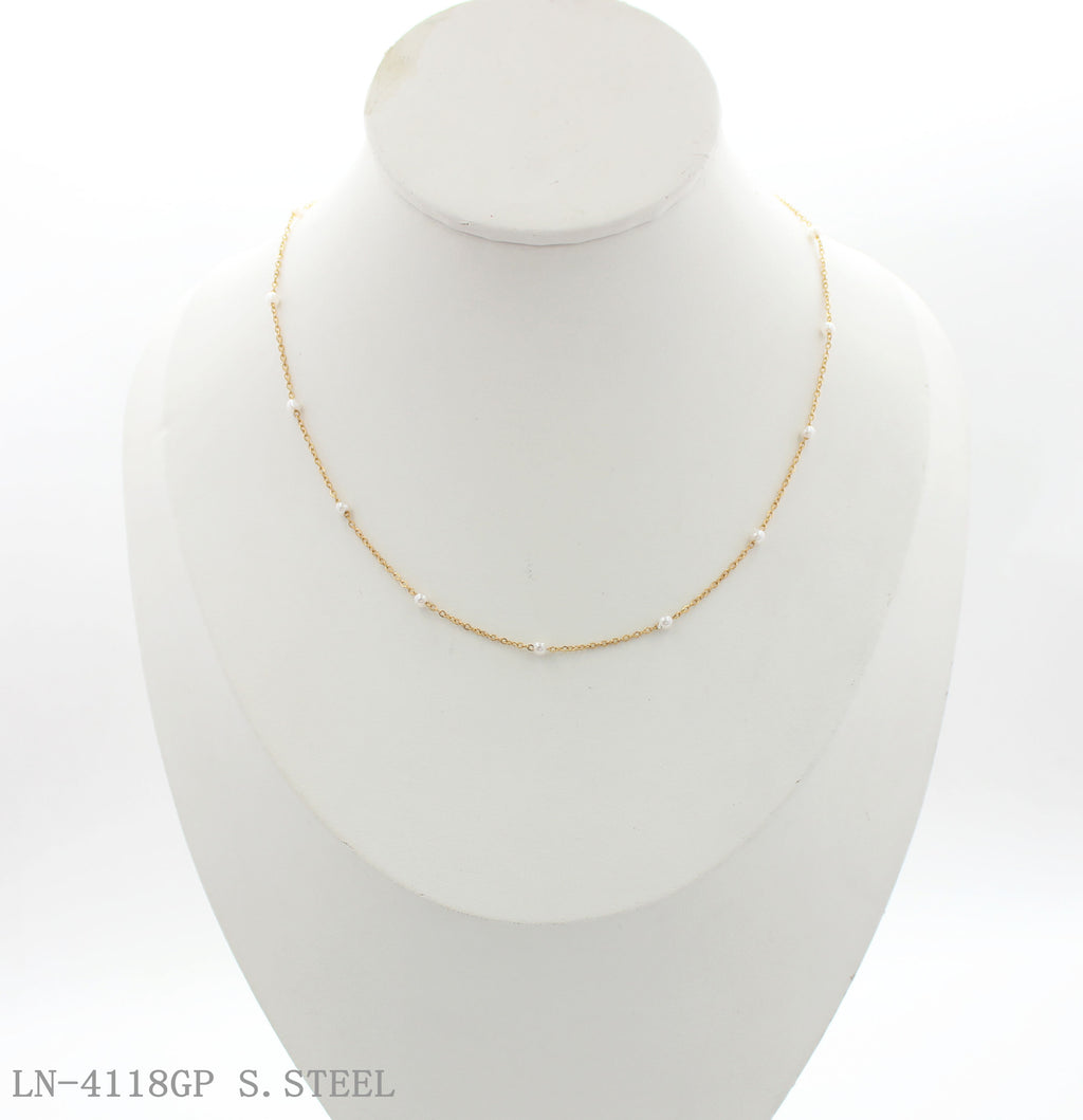Evenly‑Spaced Tiny Station Pearl Thin O‑Link Vacuum Gold Plated Stainless Steel Everyday Necklace | Factory Direct Wholesale