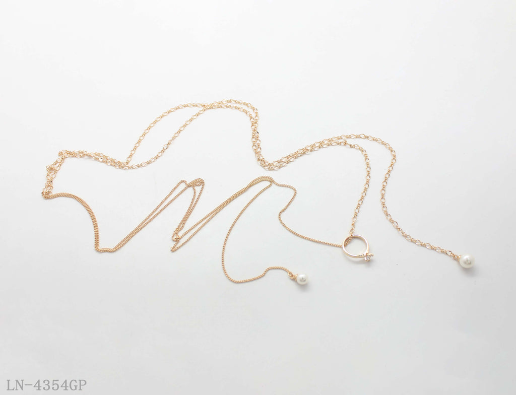 Two Layer Lariat Y-Shaped Drop Necklace | All Copper Base Imitation Gold Plated with Mini Zircon Circle Charm & Hanging White Acrylic Pearl Dainty Women Clavicle Chain Factory Wholesale