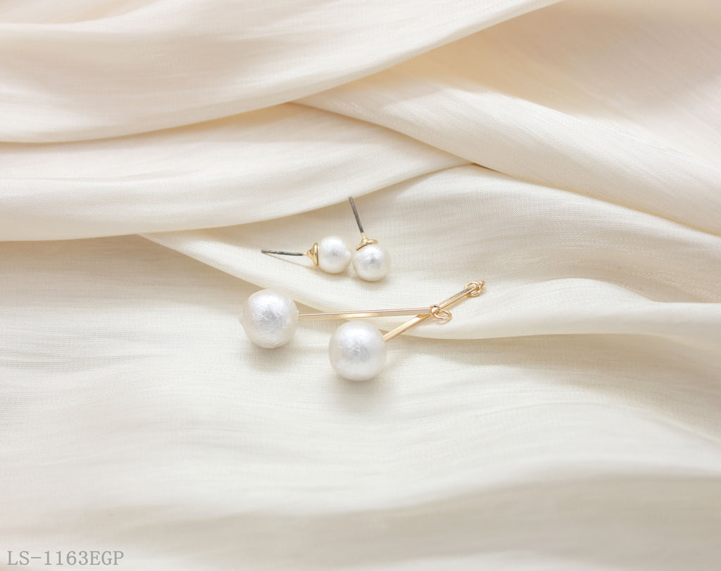 Double Textured Cotton Pearl Linear Drop Earrings with Iron & Copper Imitation Gold Plating | Factory Direct Wholesale