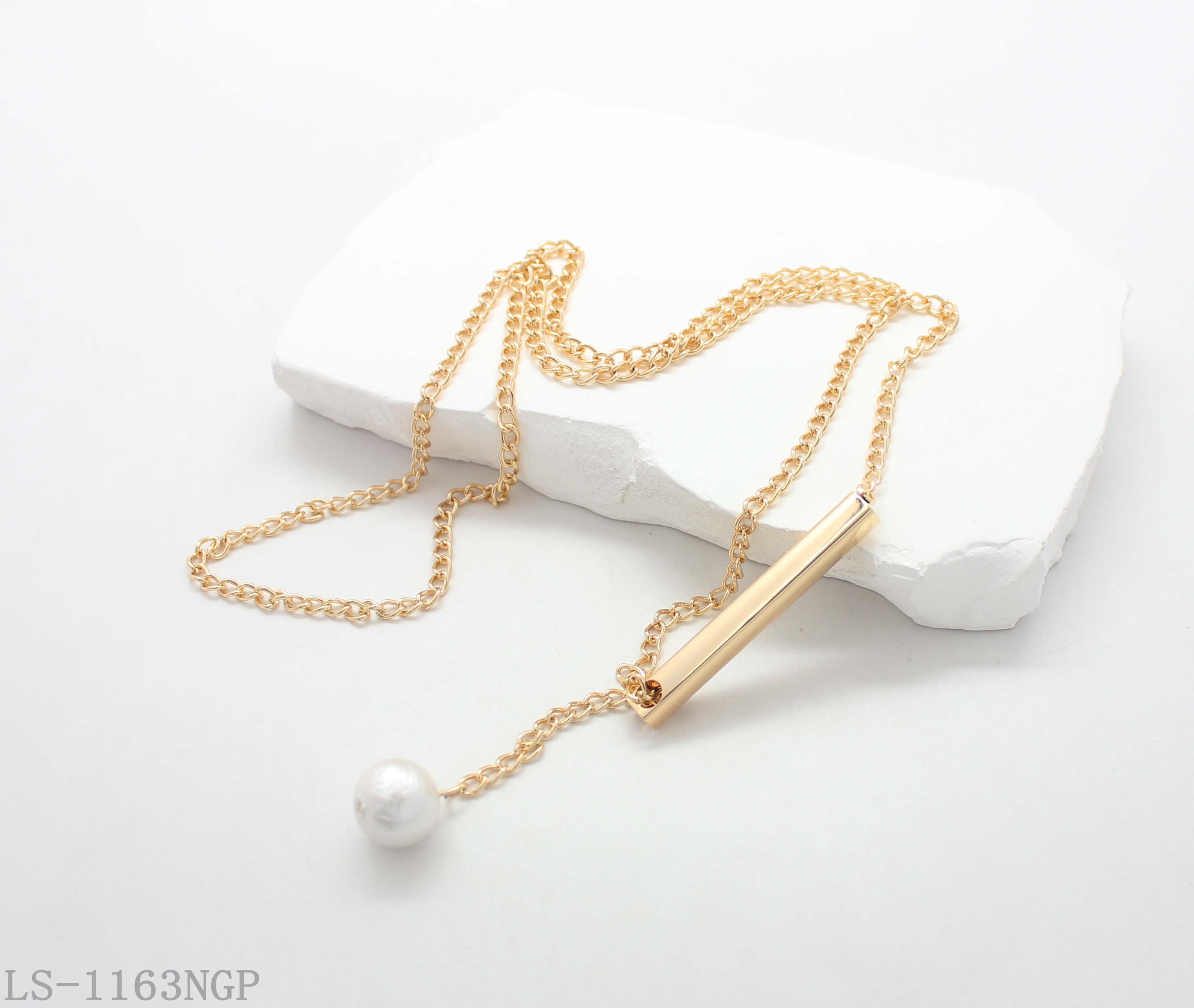 Minimalist Lariat Y Drop Necklace with Horizontal Bar & Textured Cotton Acrylic Pearl | Iron Copper Imitation Gold Plated Women Chain Wholesale