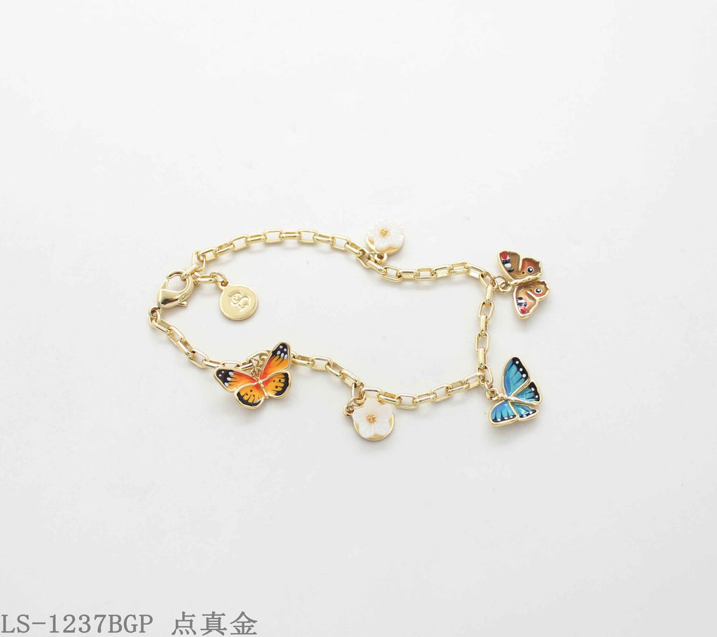 Whimsical Enamel Butterfly & Natural Shell Flower Charm Real Gold‑Plated Copper Chain 8" Bracelet | Factory Direct Wholesale