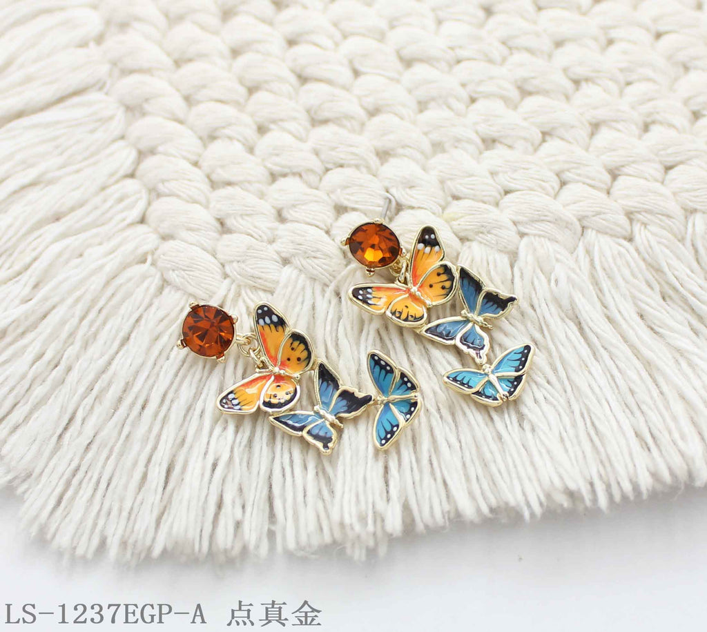 Tiered 3‑Style Enamel Butterfly & Top Crystal Accent Real Gold‑Plated Copper Drop Earrings | Factory Direct Wholesale