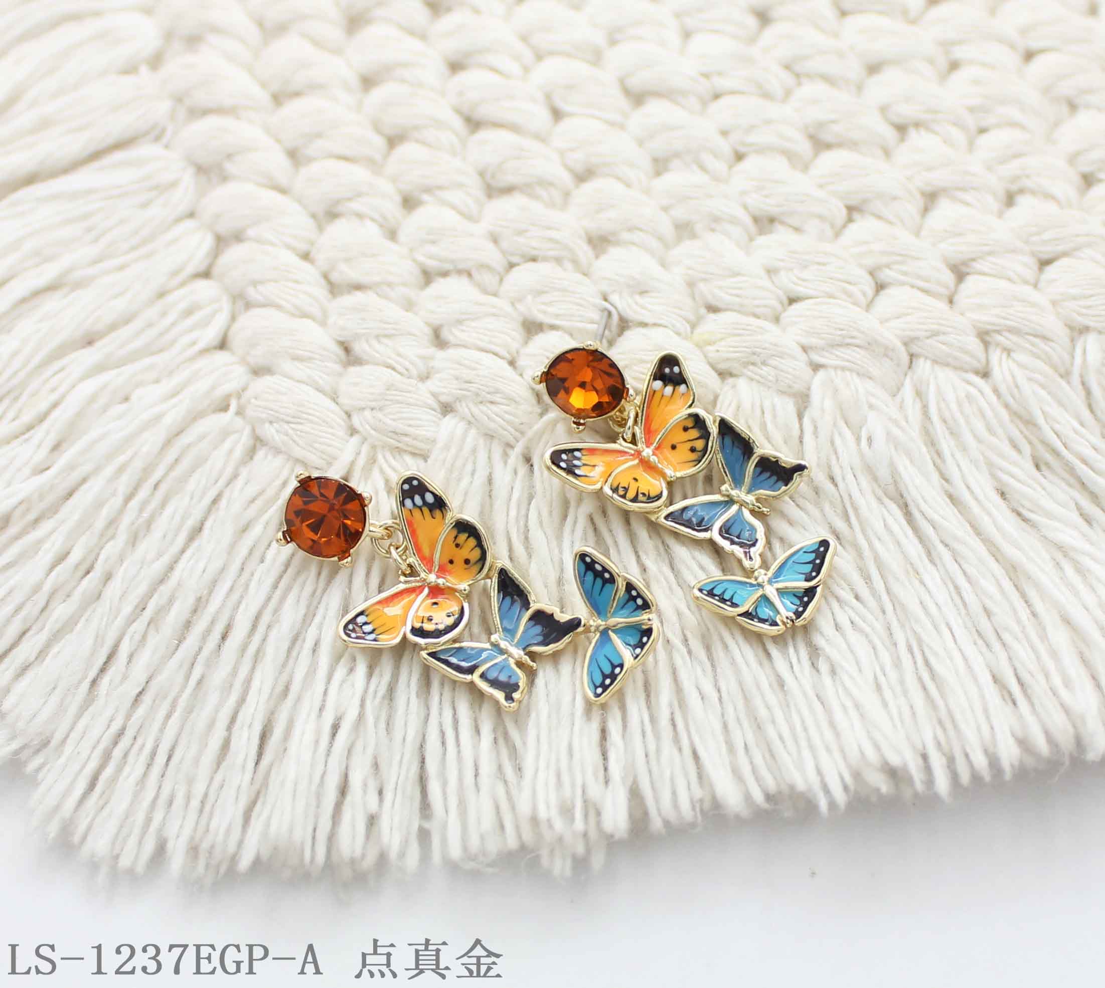 Tiered 3‑Style Enamel Butterfly & Top Crystal Accent Real Gold‑Plated Copper Drop Earrings | Factory Direct Wholesale