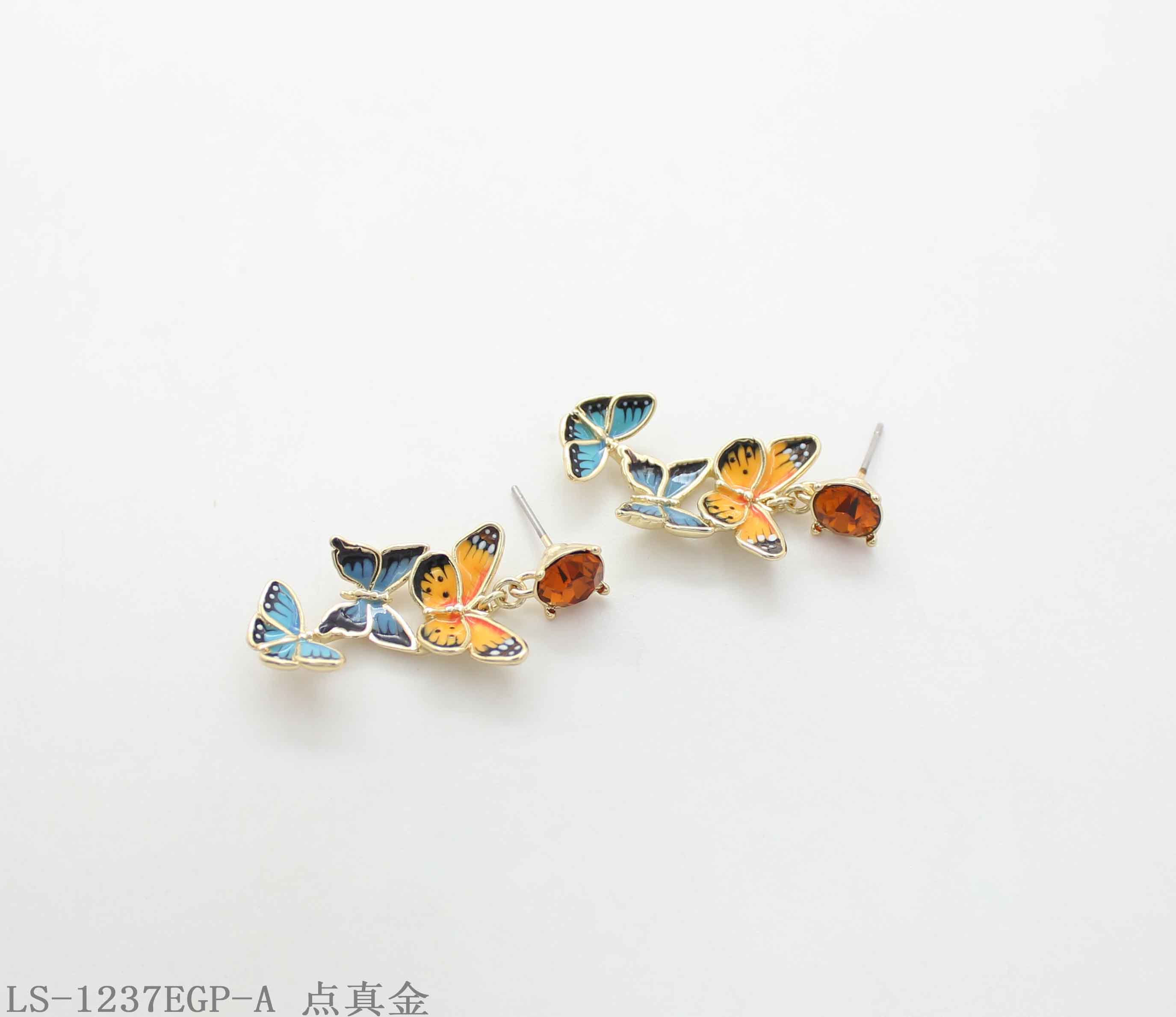 Tiered 3‑Style Enamel Butterfly & Top Crystal Accent Real Gold‑Plated Copper Drop Earrings | Factory Direct Wholesale