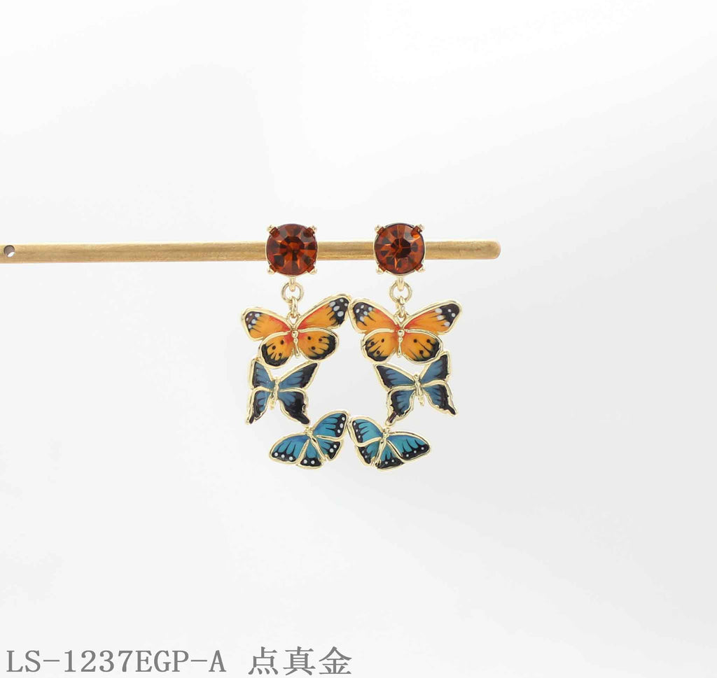 Tiered 3‑Style Enamel Butterfly & Top Crystal Accent Real Gold‑Plated Copper Drop Earrings | Factory Direct Wholesale