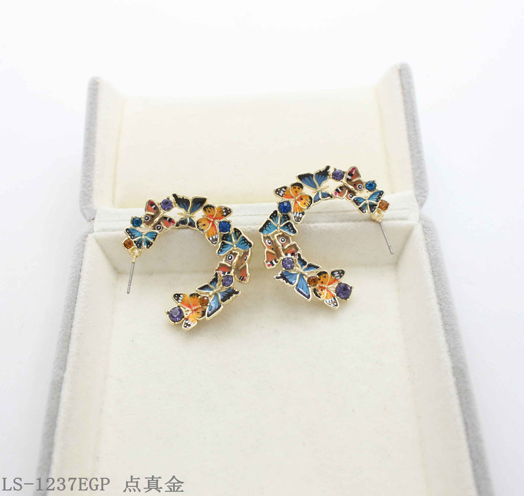 Artistic Multi‑Style Enamel Butterfly & Crystal Accent Real Gold‑Plated Copper C‑Hoop Earrings | Factory Direct Wholesale