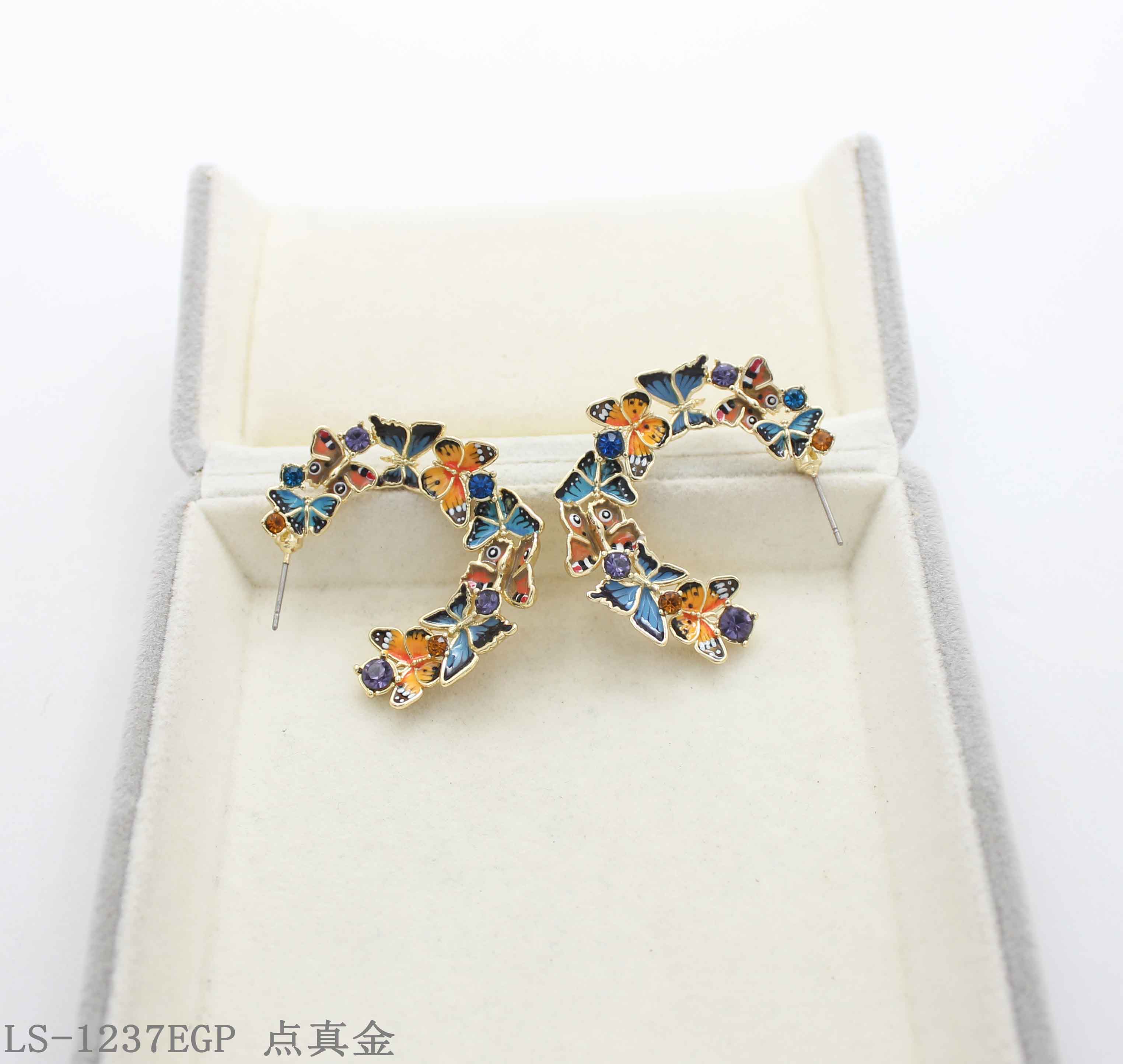 Artistic Multi‑Style Enamel Butterfly & Crystal Accent Real Gold‑Plated Copper C‑Hoop Earrings | Factory Direct Wholesale