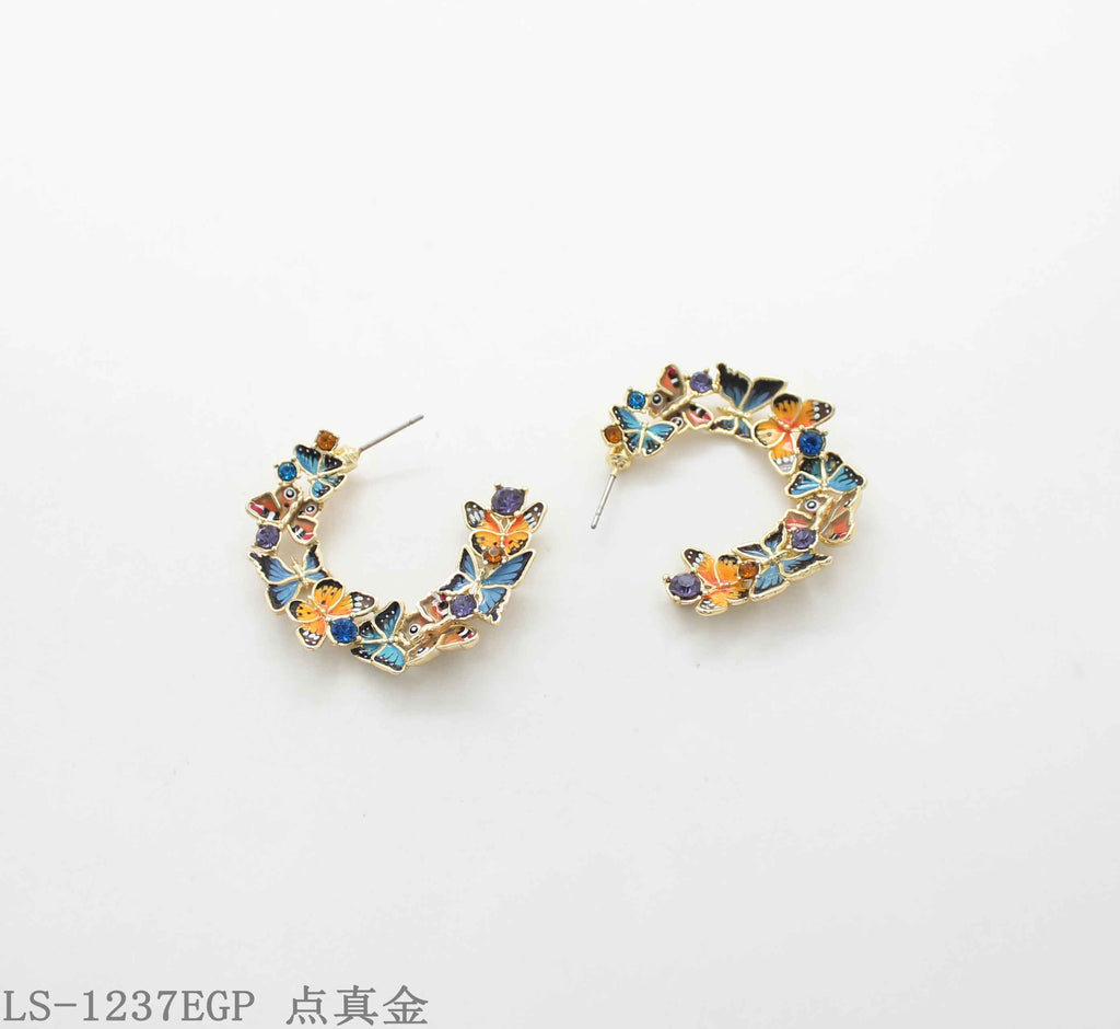 Artistic Multi‑Style Enamel Butterfly & Crystal Accent Real Gold‑Plated Copper C‑Hoop Earrings | Factory Direct Wholesale