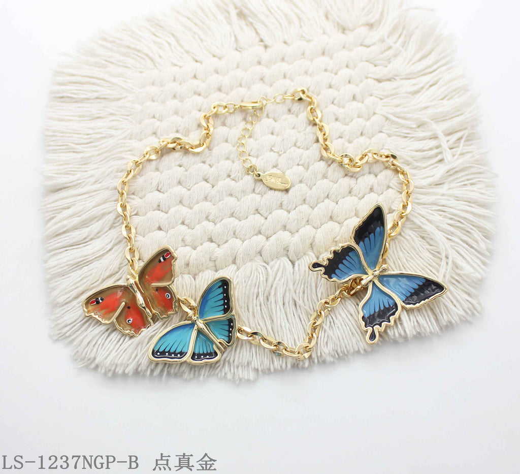 Three-Style Staggered Enamel Butterfly Station Real Gold-Plated Copper Link Necklace | Factory Direct Wholesale