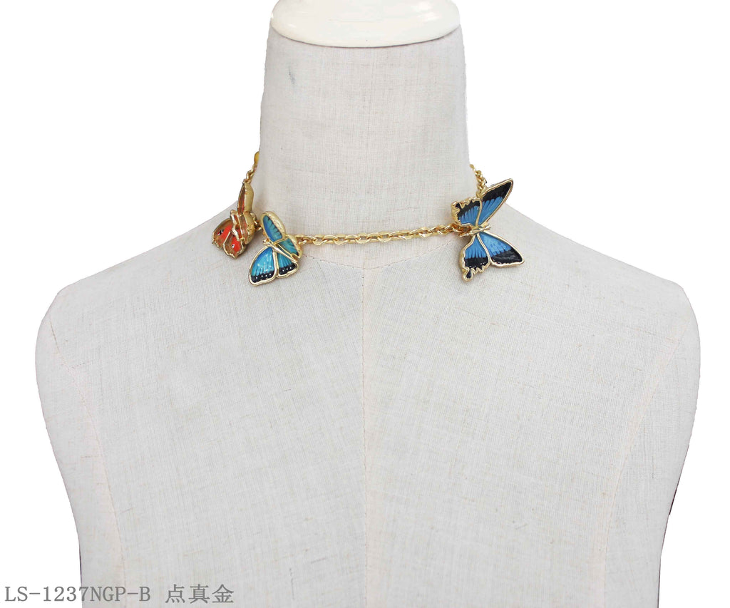Three-Style Staggered Enamel Butterfly Station Real Gold-Plated Copper Link Necklace | Factory Direct Wholesale