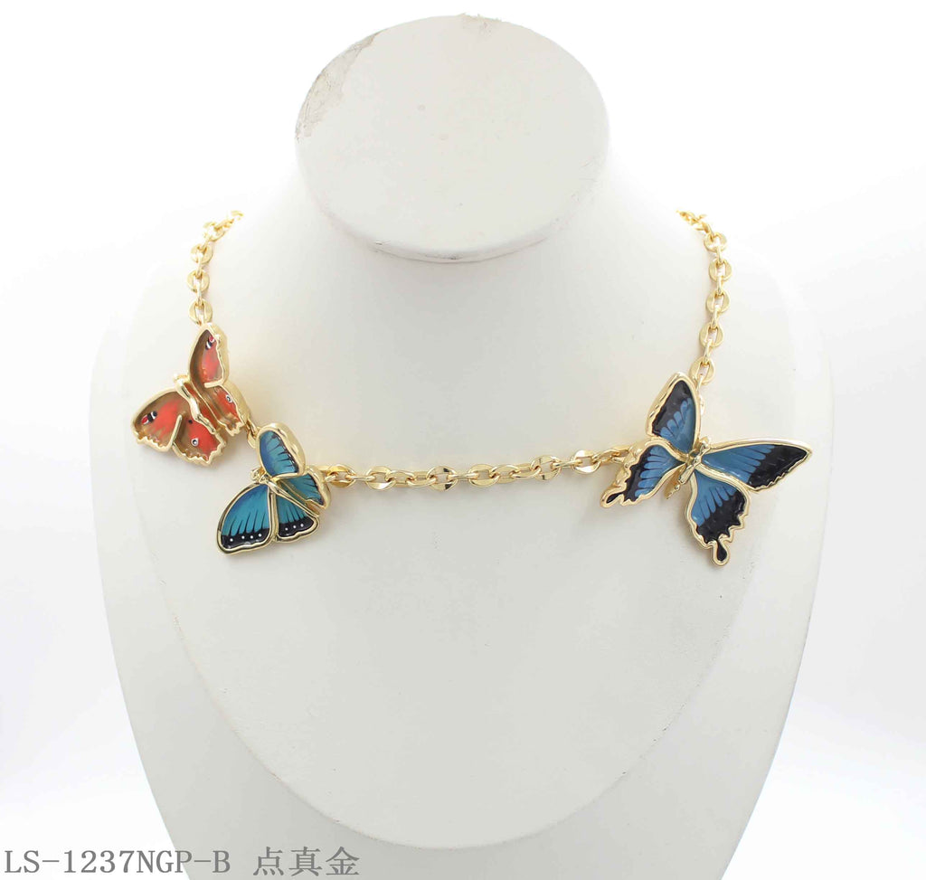 Three-Style Staggered Enamel Butterfly Station Real Gold-Plated Copper Link Necklace | Factory Direct Wholesale