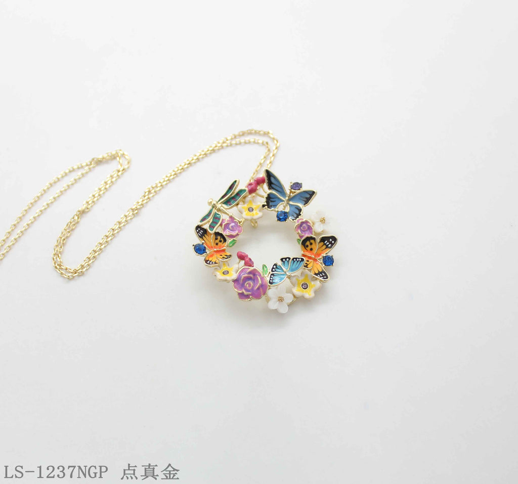 Forest‑Inspired Enamel Butterfly Dragonfly Wreath Pendant Real Gold‑Plated Copper Chain Necklace | Factory Direct Wholesale