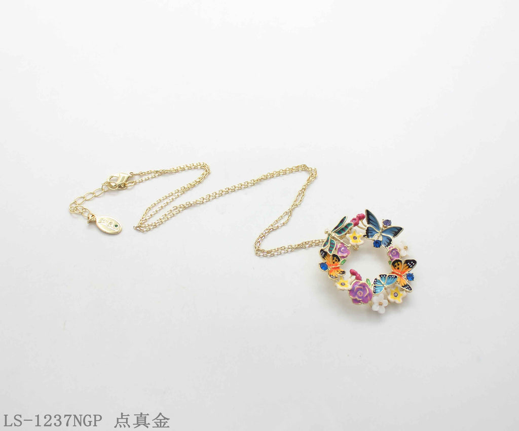 Forest‑Inspired Enamel Butterfly Dragonfly Wreath Pendant Real Gold‑Plated Copper Chain Necklace | Factory Direct Wholesale