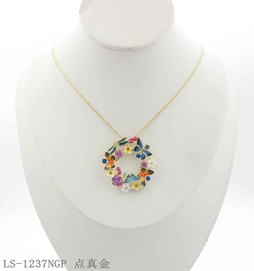 Forest‑Inspired Enamel Butterfly Dragonfly Wreath Pendant Real Gold‑Plated Copper Chain Necklace | Factory Direct Wholesale