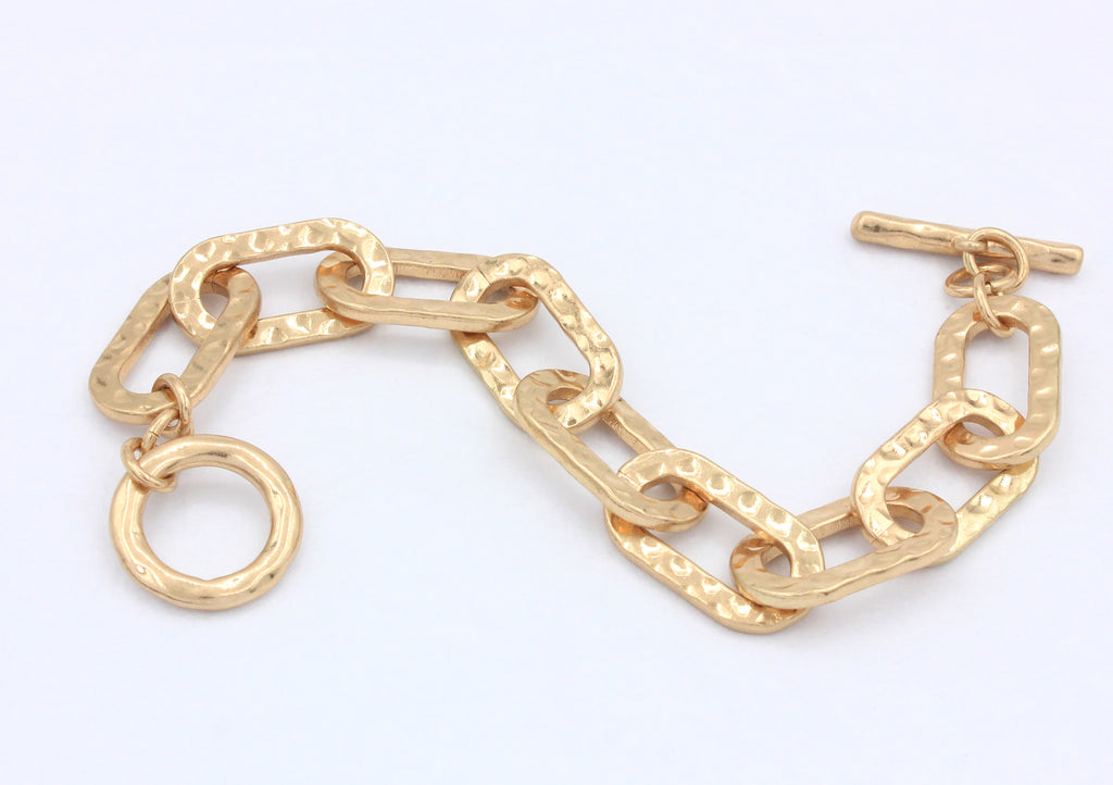 Hammer Textured Chunky Oval Link Toggle OT Clasp Bracelet | Zinc Alloy Warm Gold Plated Unisex Heavy Statement Stacking Wrist Chain Factory Wholesale