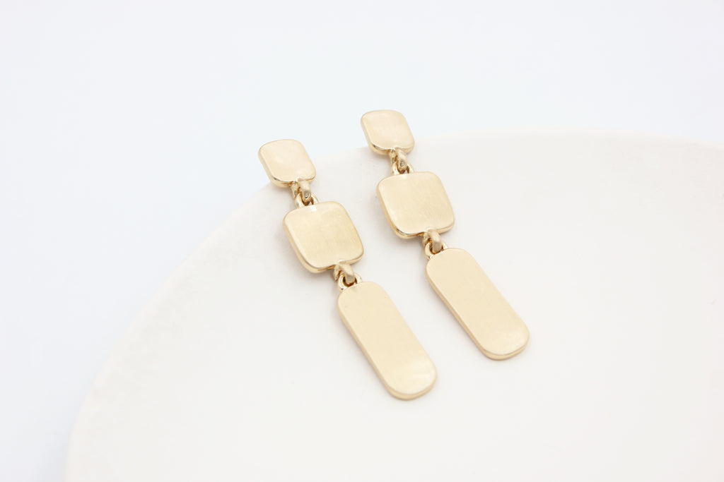 Tiered Brushed Square Rectangle Linear Dangle Earrings | Copper Zinc Alloy Matte Gold Plated Medical Steel Post Women Minimal Statement Drop Earrings Factory Wholesale