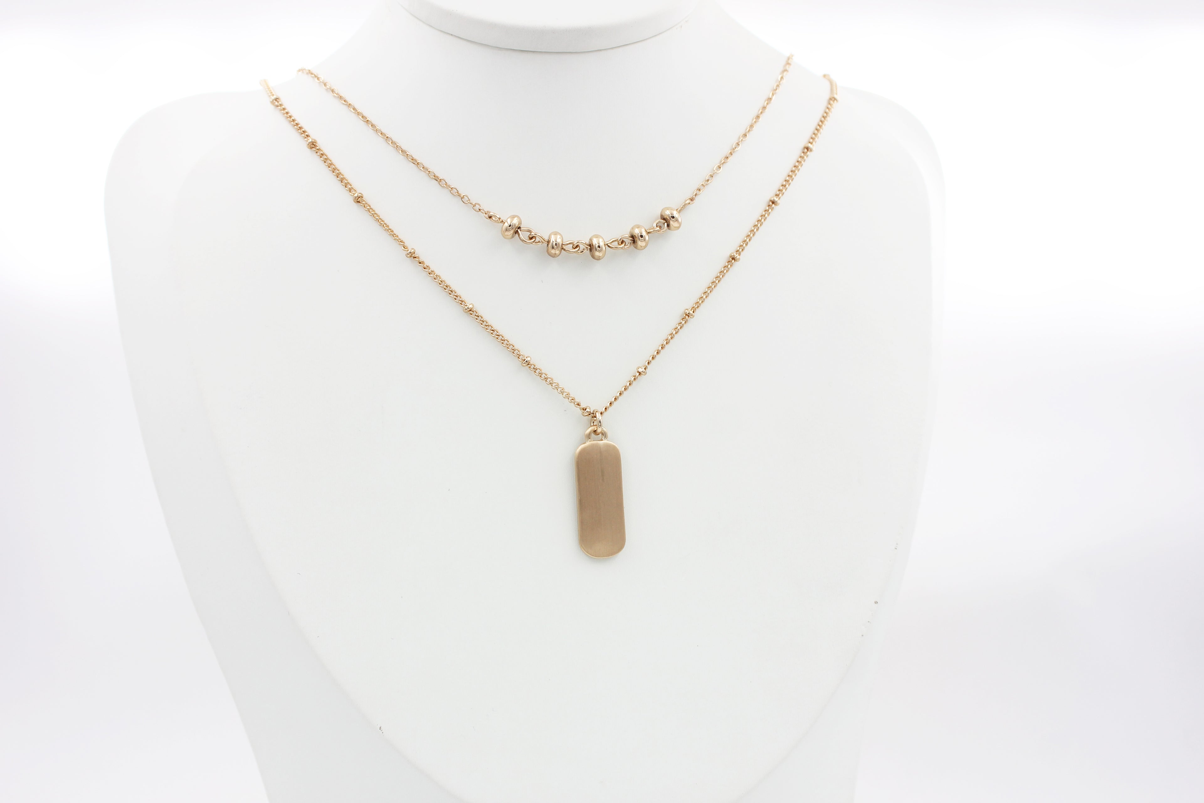 Dual Layer Bead Bar & Brushed Dog Tag Necklace | Copper Zinc Alloy Matte Brushed Gold Plated Adjustable Women Matching Series Stacking Neck Chain Factory Wholesale