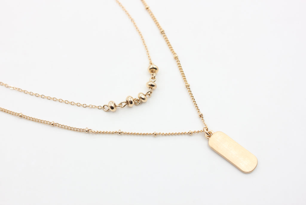 Dual Layer Bead Bar & Brushed Dog Tag Necklace | Copper Zinc Alloy Matte Brushed Gold Plated Adjustable Women Matching Series Stacking Neck Chain Factory Wholesale