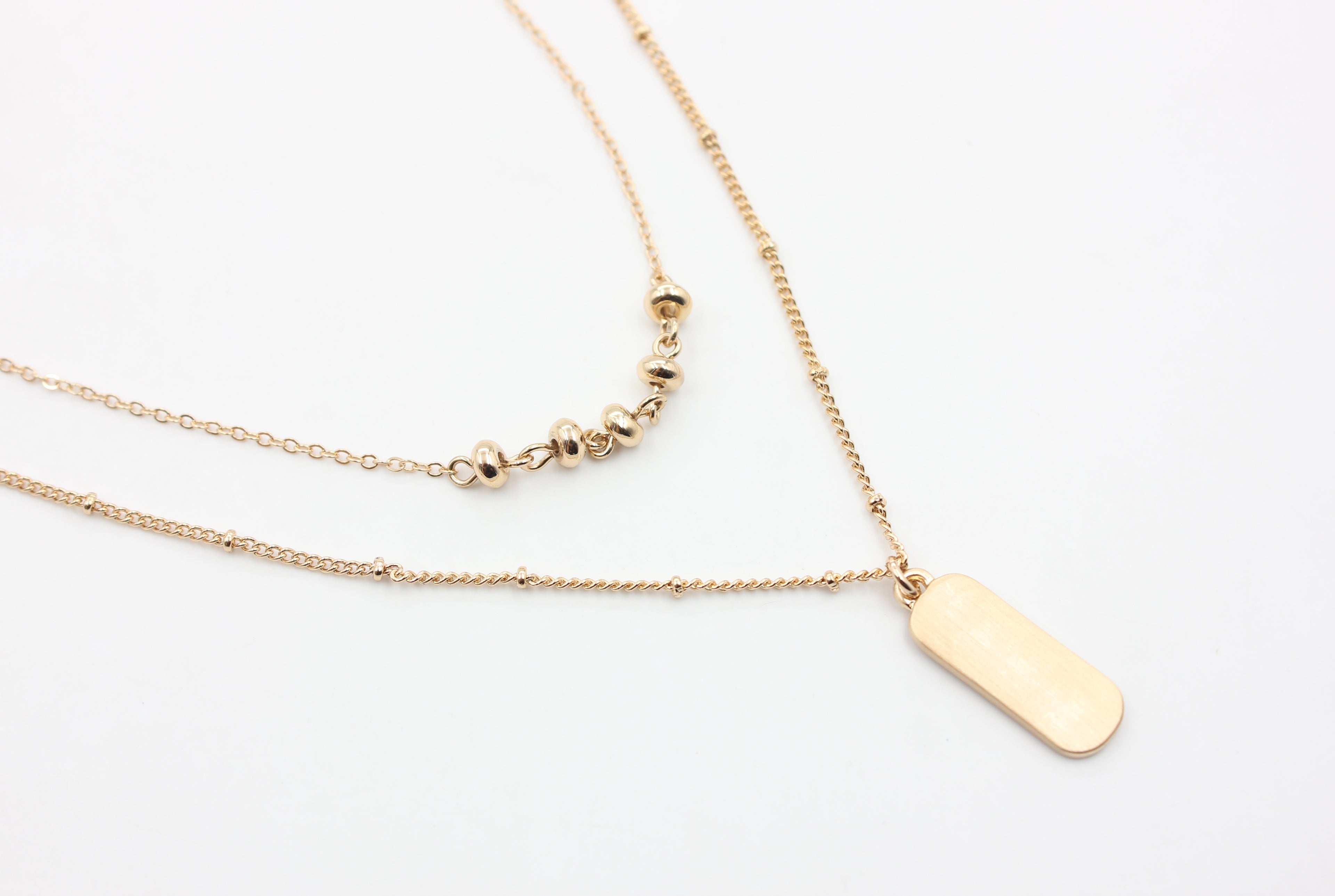 Dual Layer Bead Bar & Brushed Dog Tag Necklace | Copper Zinc Alloy Matte Brushed Gold Plated Adjustable Women Matching Series Stacking Neck Chain Factory Wholesale
