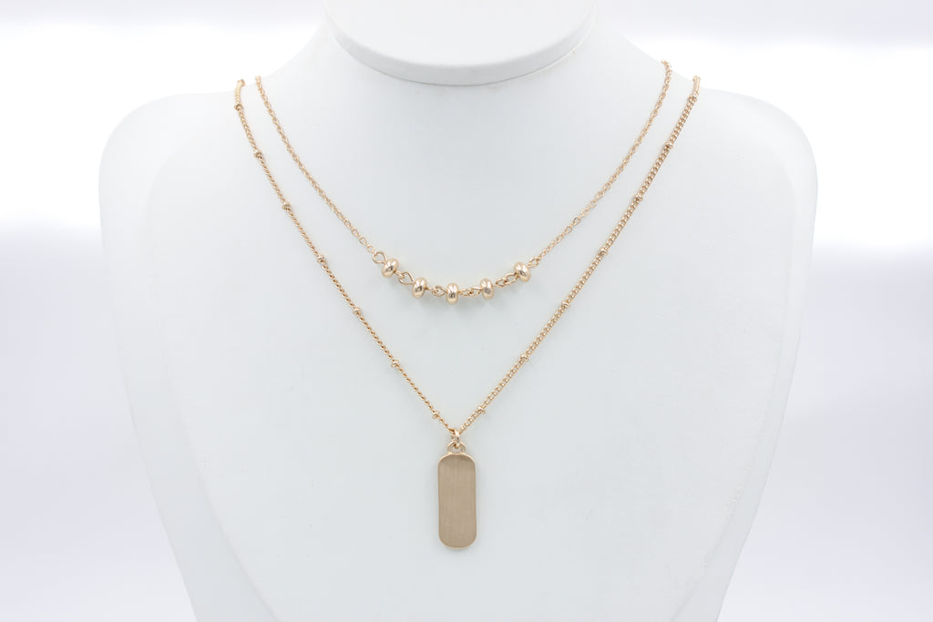 Dual Layer Bead Bar & Brushed Dog Tag Necklace | Copper Zinc Alloy Matte Brushed Gold Plated Adjustable Women Matching Series Stacking Neck Chain Factory Wholesale