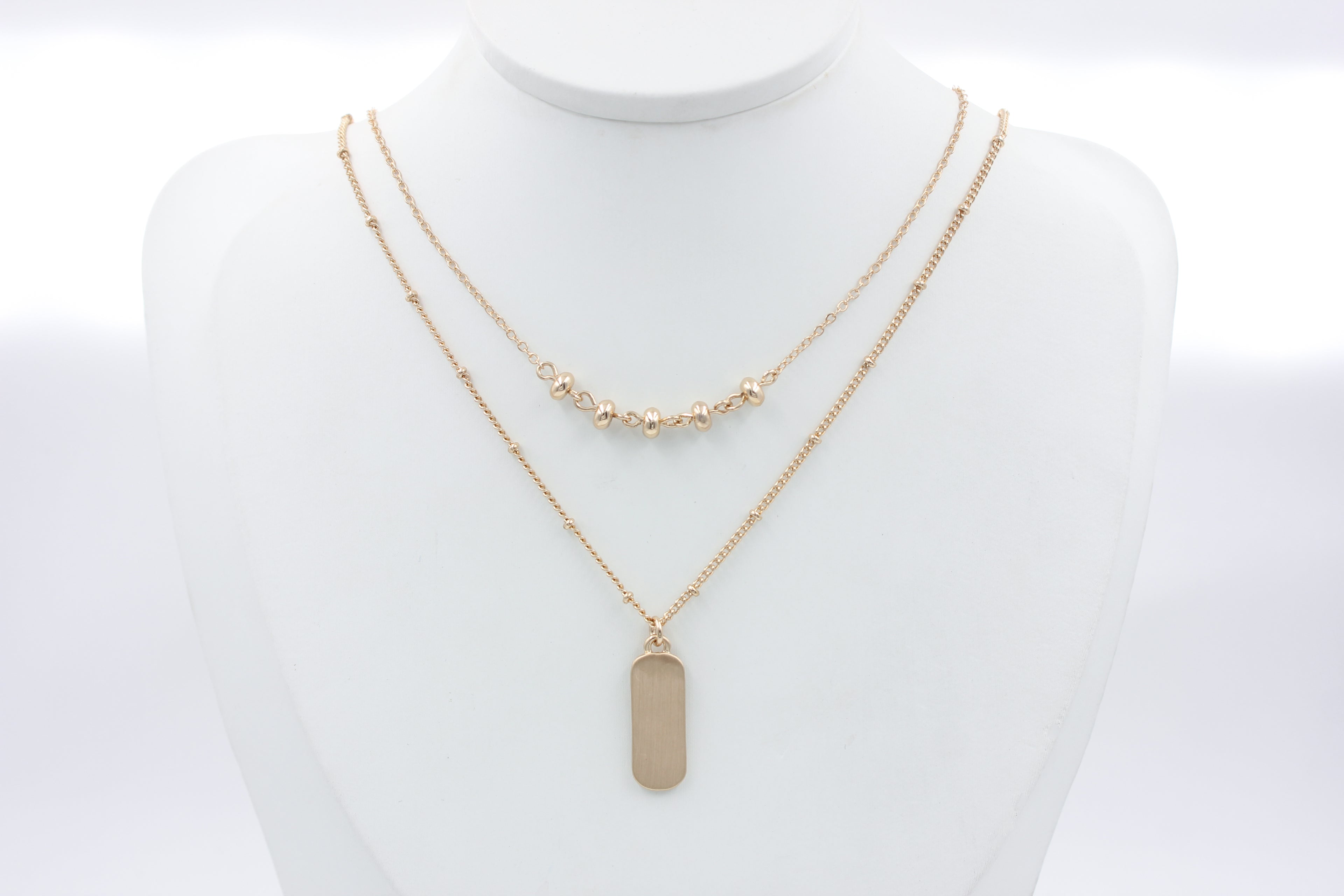 Dual Layer Bead Bar & Brushed Dog Tag Necklace | Copper Zinc Alloy Matte Brushed Gold Plated Adjustable Women Matching Series Stacking Neck Chain Factory Wholesale