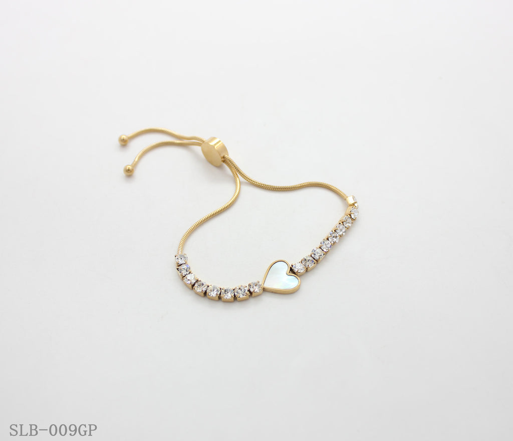Shell Heart Crystal Tennis Adjustable Slider Bracelet | Solid Stainless Steel Vacuum Ion Gold Plated Flexible Snake Chain Women Dainty Wrist Bangle Factory Wholesale