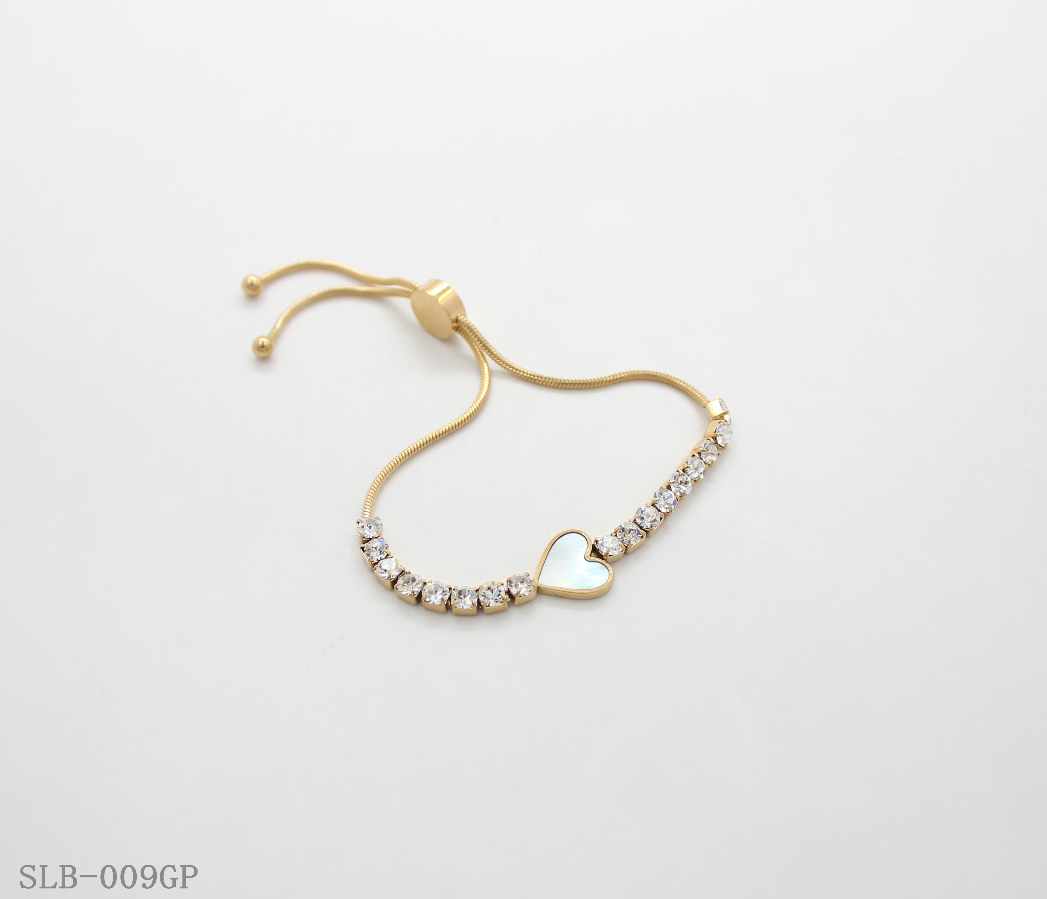 Shell Heart Crystal Tennis Adjustable Slider Bracelet | Solid Stainless Steel Vacuum Ion Gold Plated Flexible Snake Chain Women Dainty Wrist Bangle Factory Wholesale