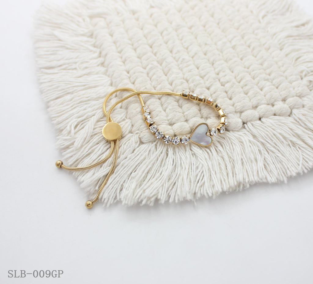 Shell Heart Crystal Tennis Adjustable Slider Bracelet | Solid Stainless Steel Vacuum Ion Gold Plated Flexible Snake Chain Women Dainty Wrist Bangle Factory Wholesale