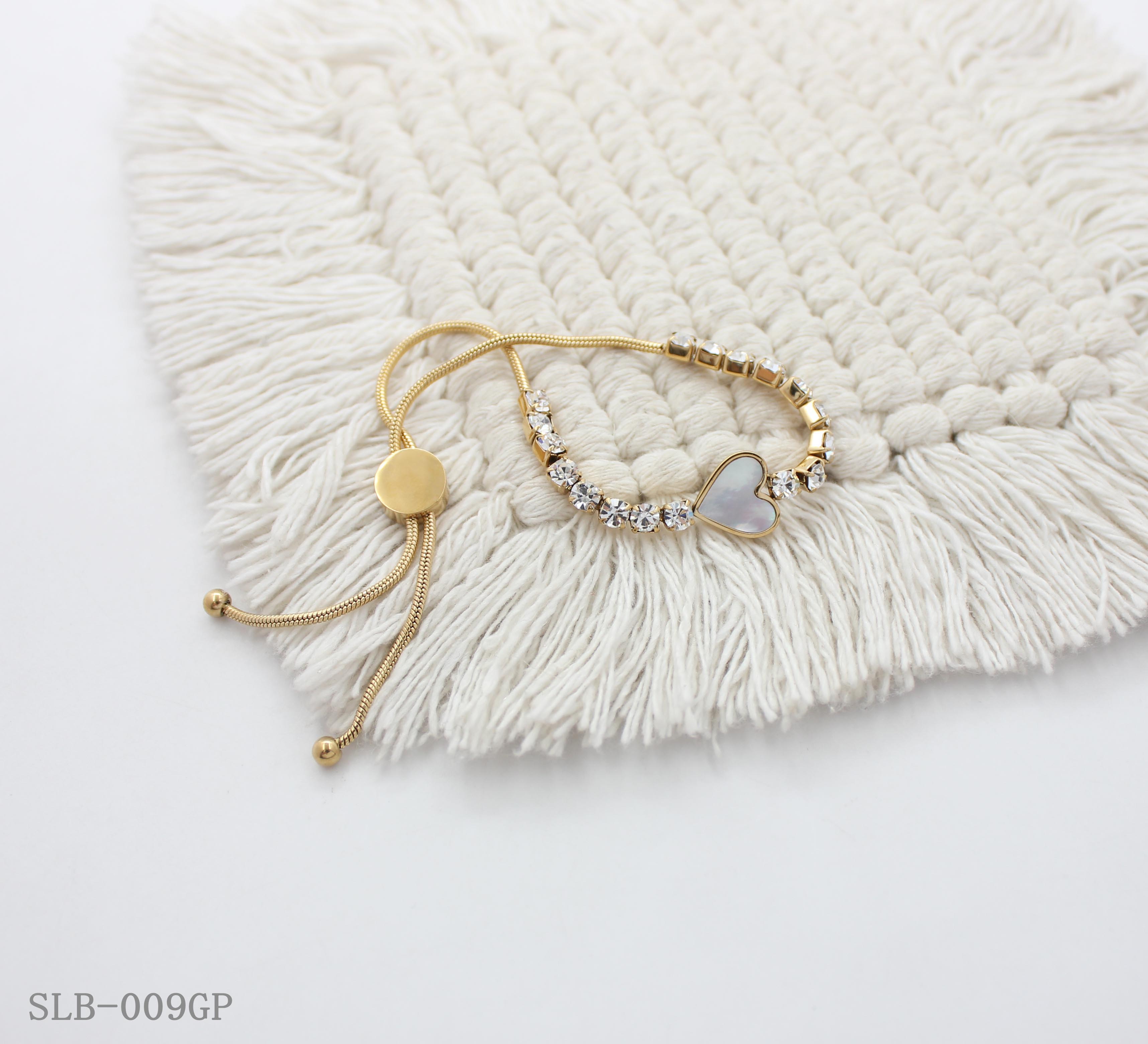 Shell Heart Crystal Tennis Adjustable Slider Bracelet | Solid Stainless Steel Vacuum Ion Gold Plated Flexible Snake Chain Women Dainty Wrist Bangle Factory Wholesale