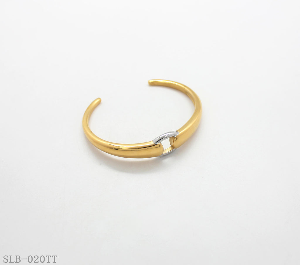 Contrast Silver Interlock Ring Two-Tone Open Cuff Bangle | Solid Stainless Steel Dual Vacuum Plated Glossy Gold Adjustable Women Stacking Wrist Bracelet Factory Wholesale