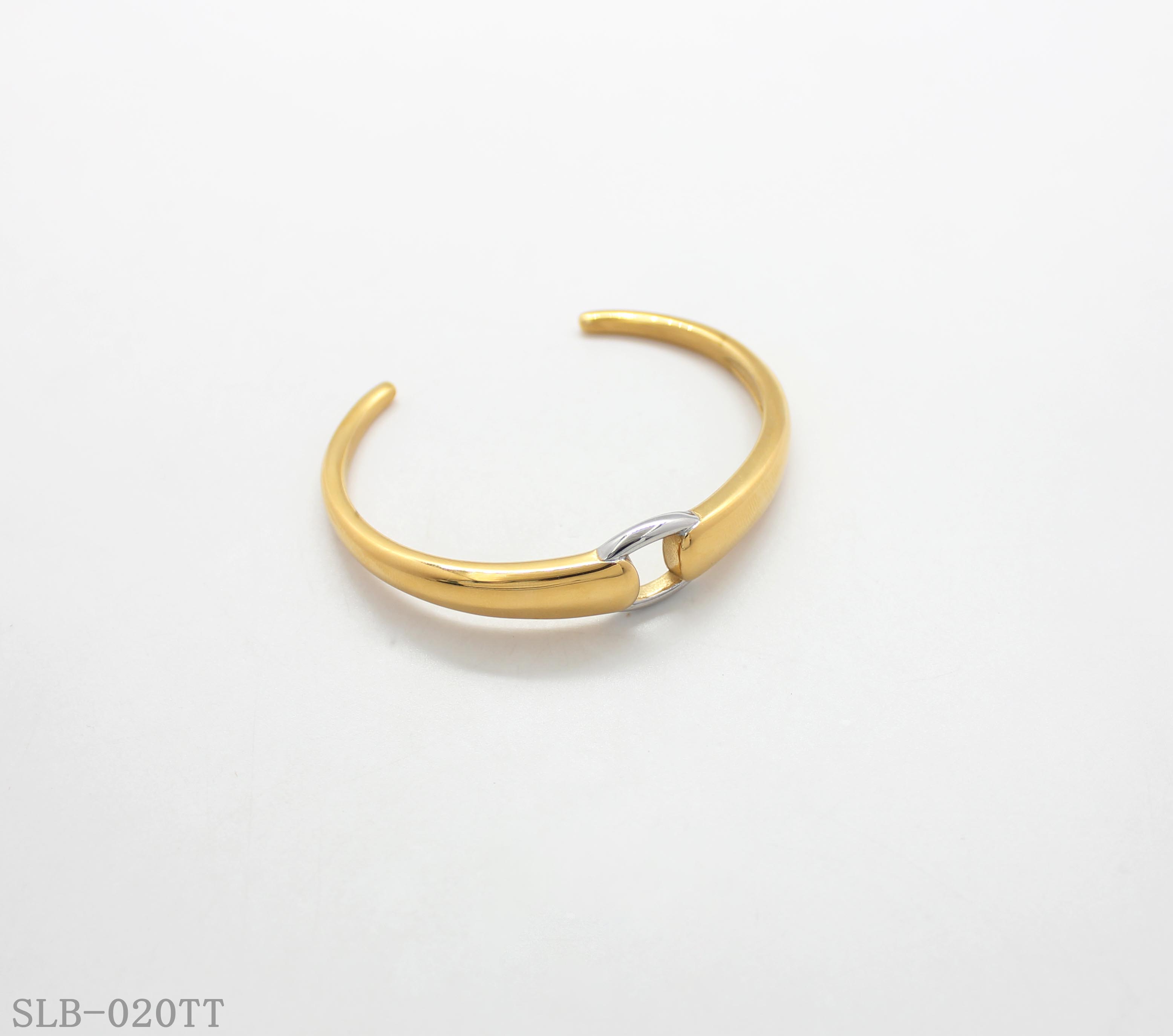Contrast Silver Interlock Ring Two-Tone Open Cuff Bangle | Solid Stainless Steel Dual Vacuum Plated Glossy Gold Adjustable Women Stacking Wrist Bracelet Factory Wholesale