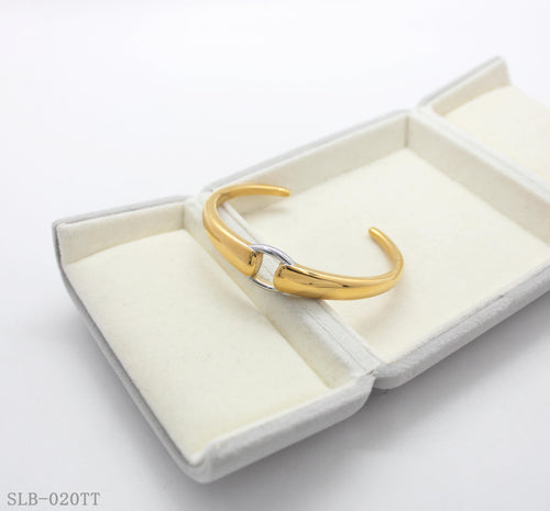 Contrast Silver Interlock Ring Two-Tone Open Cuff Bangle | Solid Stainless Steel Dual Vacuum Plated Glossy Gold Adjustable Women Stacking Wrist Bracelet Factory Wholesale