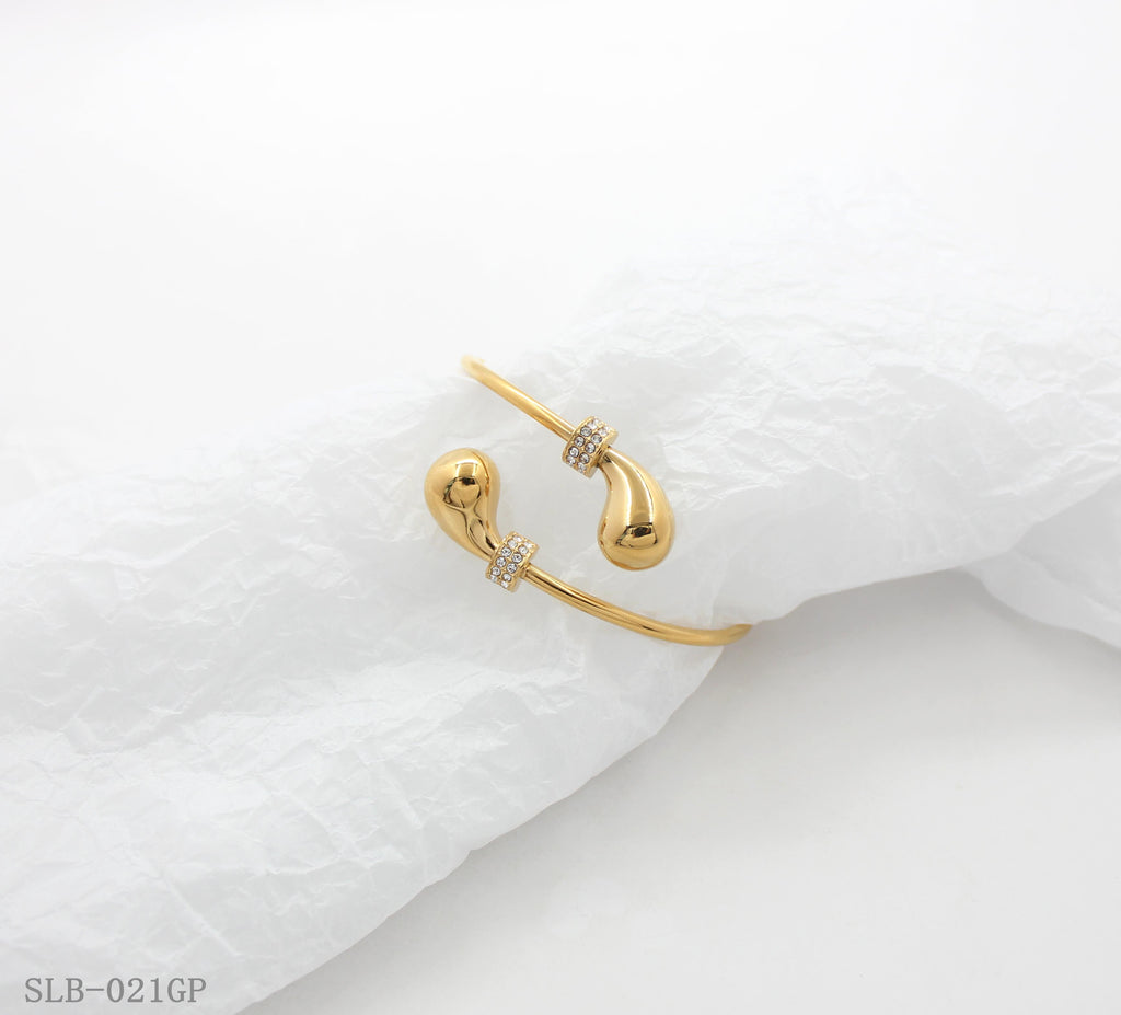 Dual Teardrop Crystal Accent Split Open Cuff Bangle | Solid Stainless Steel Vacuum Ion Gold Plated Adjustable Women Fashion Stacking Wrist Bracelet Factory Wholesale