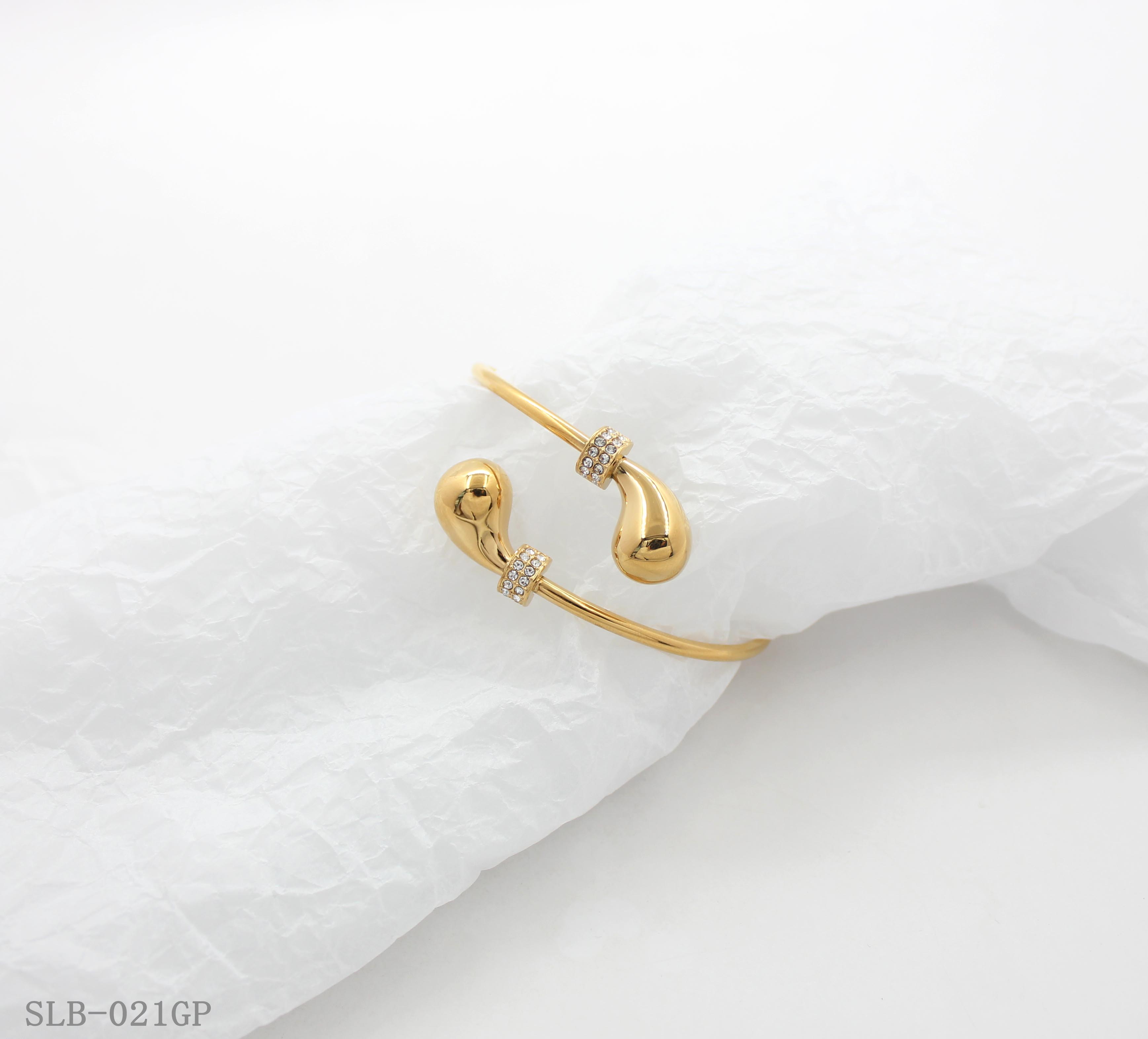 Dual Teardrop Crystal Accent Split Open Cuff Bangle | Solid Stainless Steel Vacuum Ion Gold Plated Adjustable Women Fashion Stacking Wrist Bracelet Factory Wholesale
