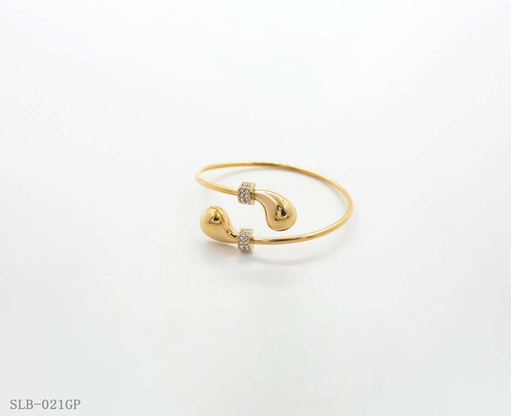 Dual Teardrop Crystal Accent Split Open Cuff Bangle | Solid Stainless Steel Vacuum Ion Gold Plated Adjustable Women Fashion Stacking Wrist Bracelet Factory Wholesale