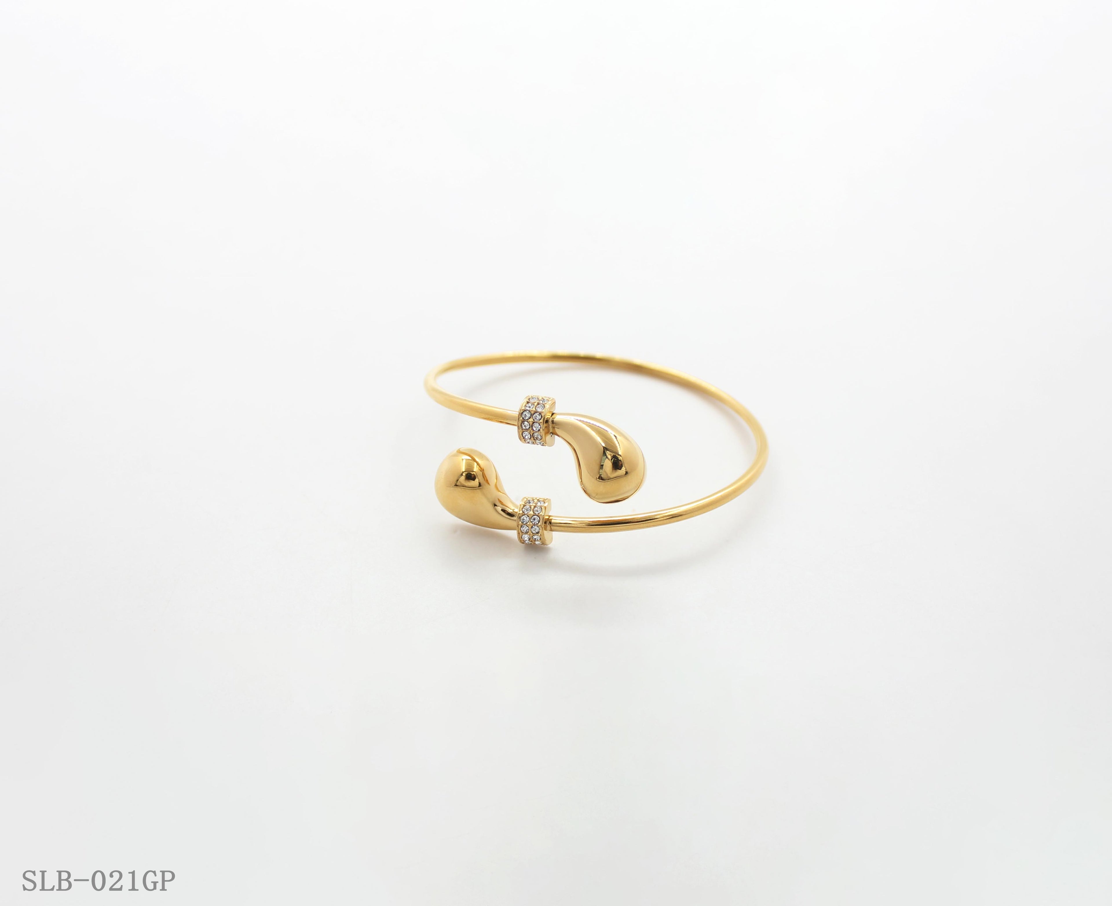 Dual Teardrop Crystal Accent Split Open Cuff Bangle | Solid Stainless Steel Vacuum Ion Gold Plated Adjustable Women Fashion Stacking Wrist Bracelet Factory Wholesale