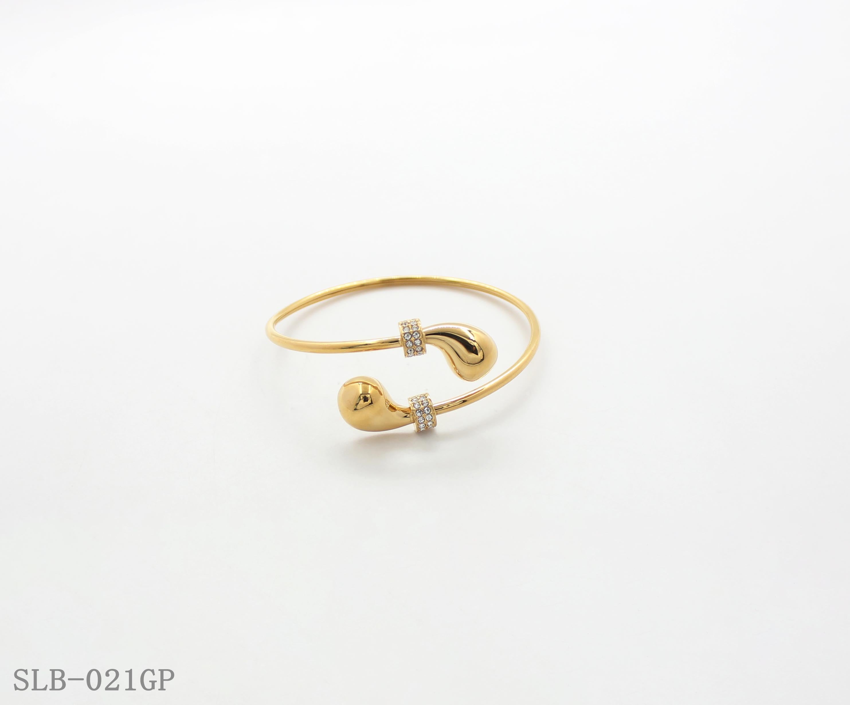 Dual Teardrop Crystal Accent Split Open Cuff Bangle | Solid Stainless Steel Vacuum Ion Gold Plated Adjustable Women Fashion Stacking Wrist Bracelet Factory Wholesale
