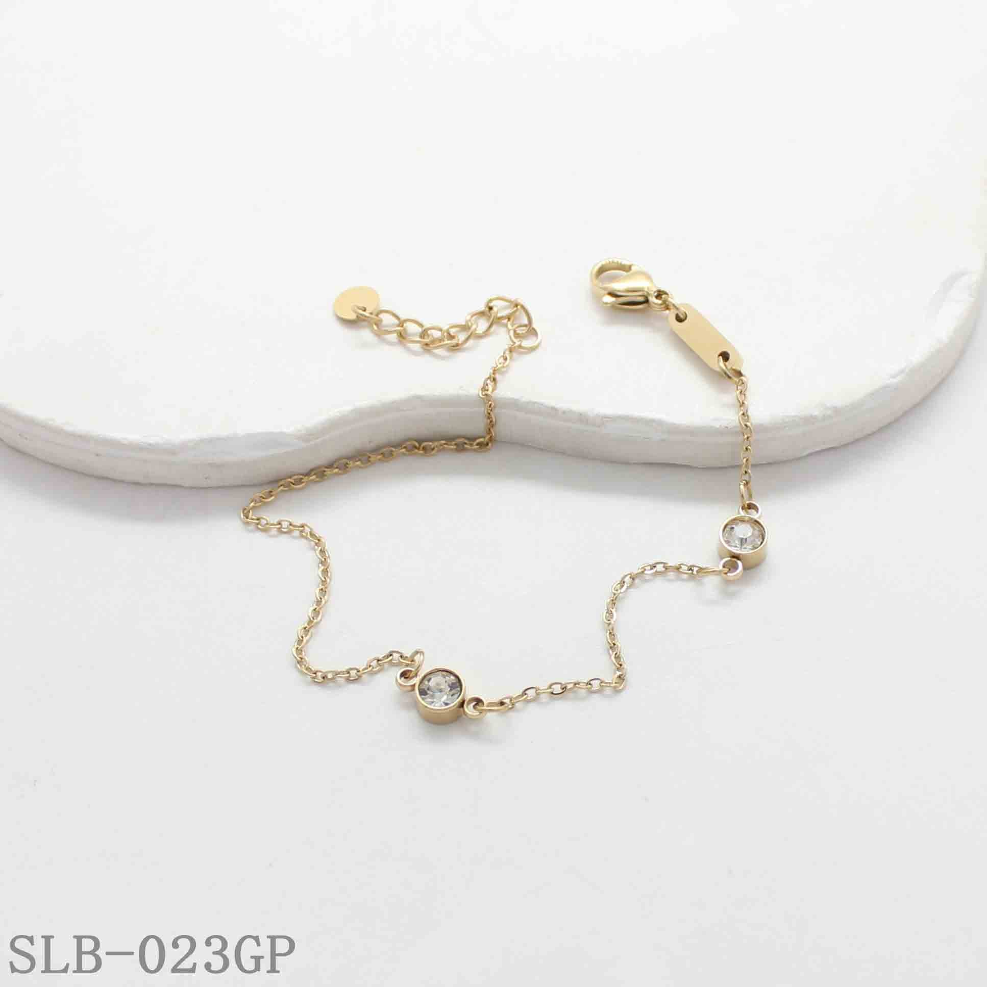 Dual Bezel-Set Round Crystal Thin O Cable Bracelet | Solid Stainless Steel Vacuum Ion Gold Plated Lobster Clasp Adjustable Women Minimal Stack Wrist Chain Factory Wholesale