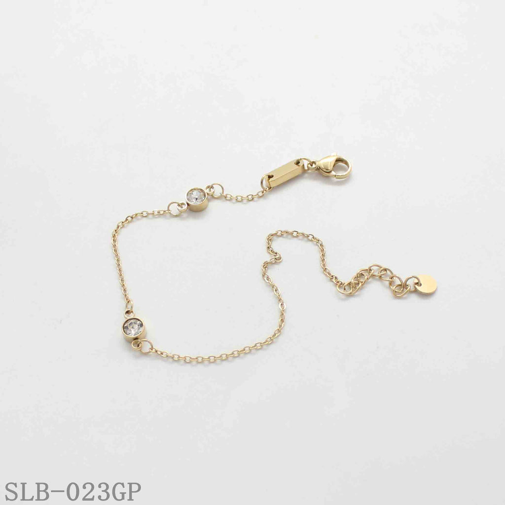 Dual Bezel-Set Round Crystal Thin O Cable Bracelet | Solid Stainless Steel Vacuum Ion Gold Plated Lobster Clasp Adjustable Women Minimal Stack Wrist Chain Factory Wholesale